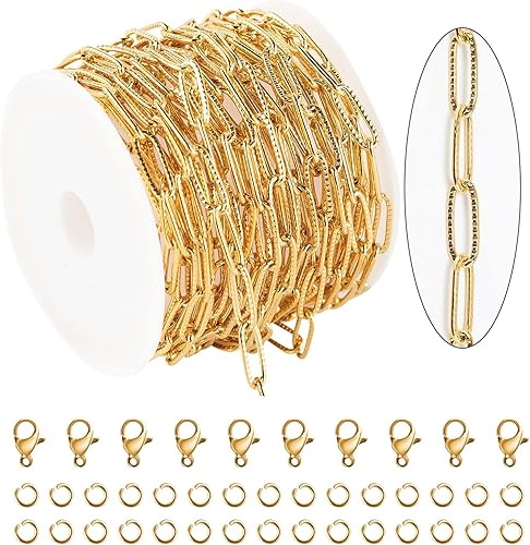 KYUNHOO Cadena de acero inoxidable chapada en oro de 16.4 ft para hacer joyas, cadena ovalada en relieve de 0.157 in de ancho, cadena de joyería