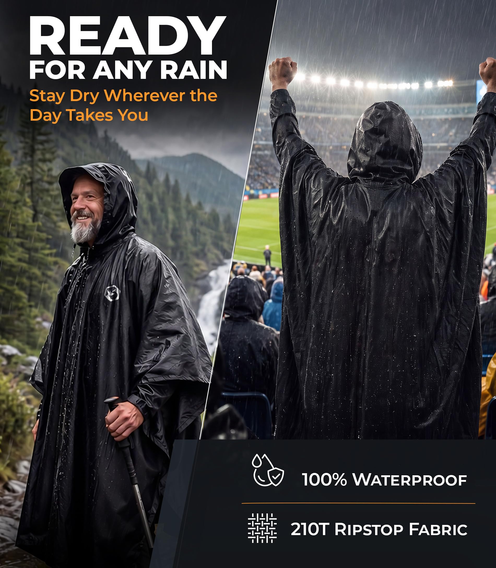 Foxelli Poncho de lluvia con capucha para adultos – Chubasquero impermeable, reutilizable, extra largo, para hombre y mujer, equipo ligero, negro, talla única, Negro , Talla única