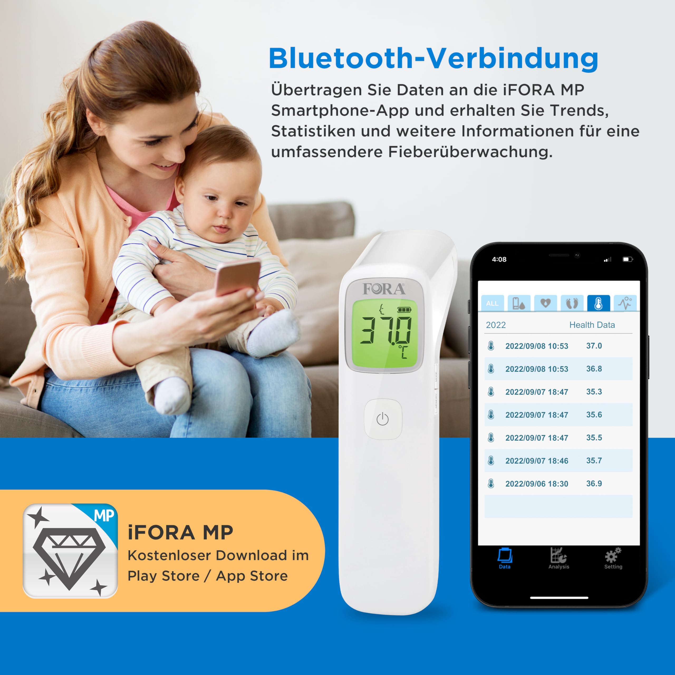 FORA IR42 Stirnthermometer Bluetooth - Infrarot Fieberthermometer, Kontaktlos, Sofortige & Präzise Messung für Babys, Erwachsene & Objekte – LED-Anzeige & Fieberwarnung