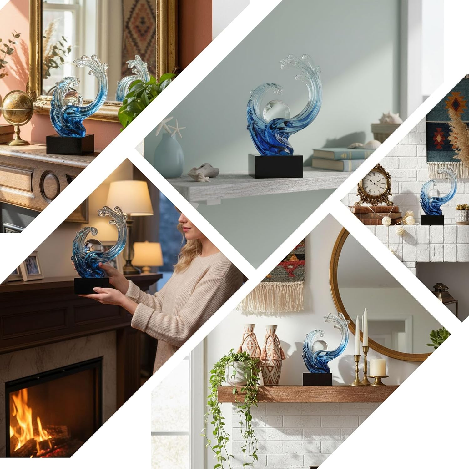 Blue Ocean Wave Statue for Beach House Decor,Resin Modern Abstract Art,For Coastal Nautical Office Surfers Gifts,Coffee Table,Tv Stand,Dining Table Center Decorative Shelf Decor Accent for Men (Blue)