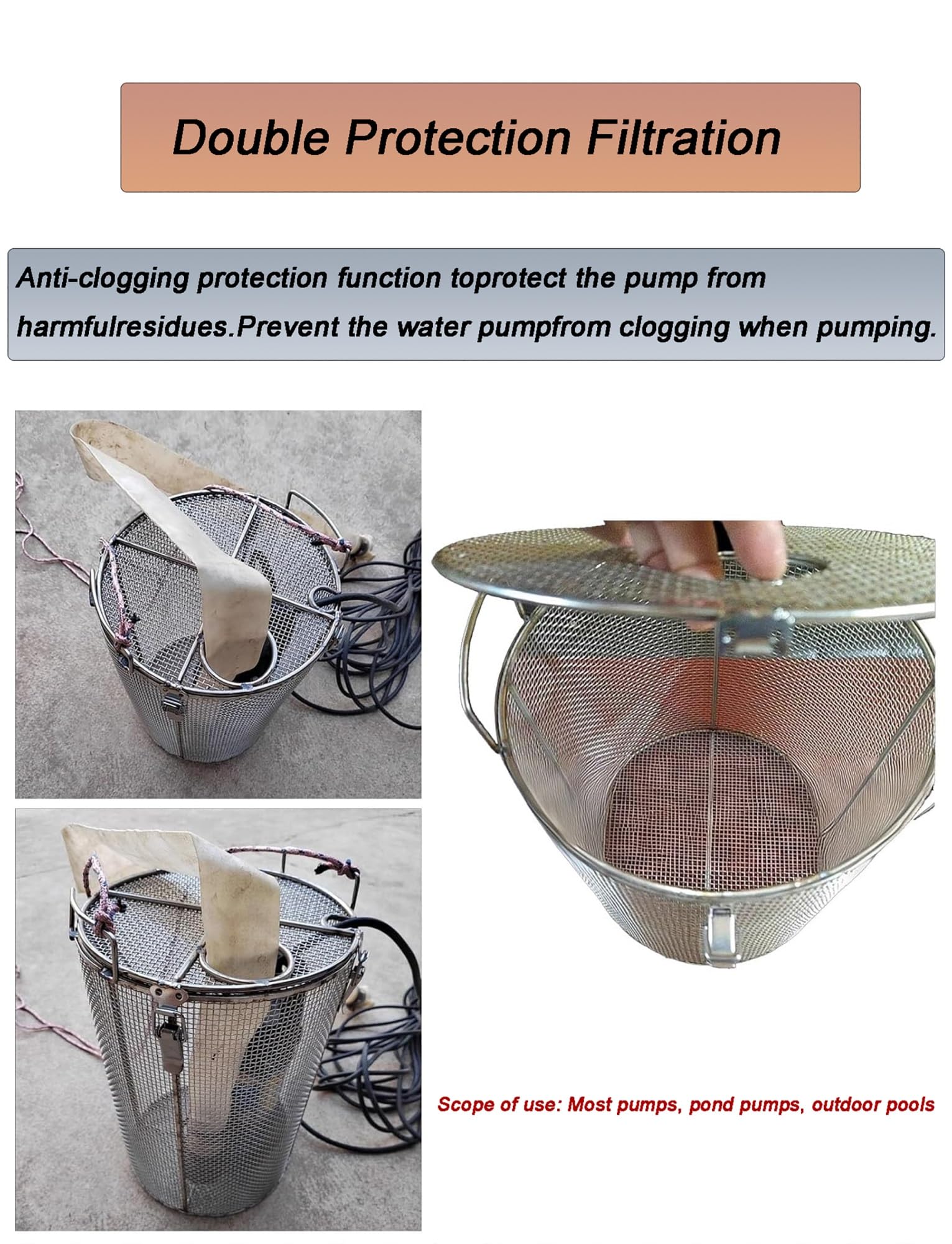 Cubierta de filtro de bomba de acero inoxidable, protector de malla de 1 mm para evitar obstrucciones para bombas sumergibles y de sumidero, características de agua al aire libre