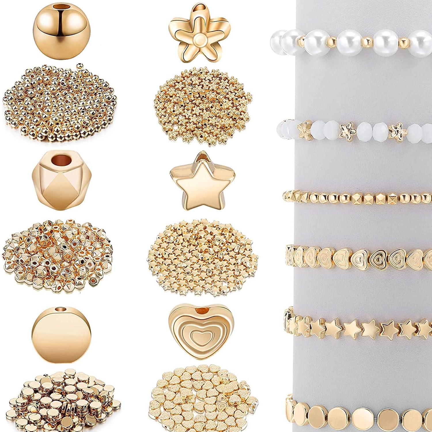 Bolivia's 1200pcs Gold Spacer Beads Set, Round, Star, Heart, Flower, Square, Faceted Beads for Jewelry Making