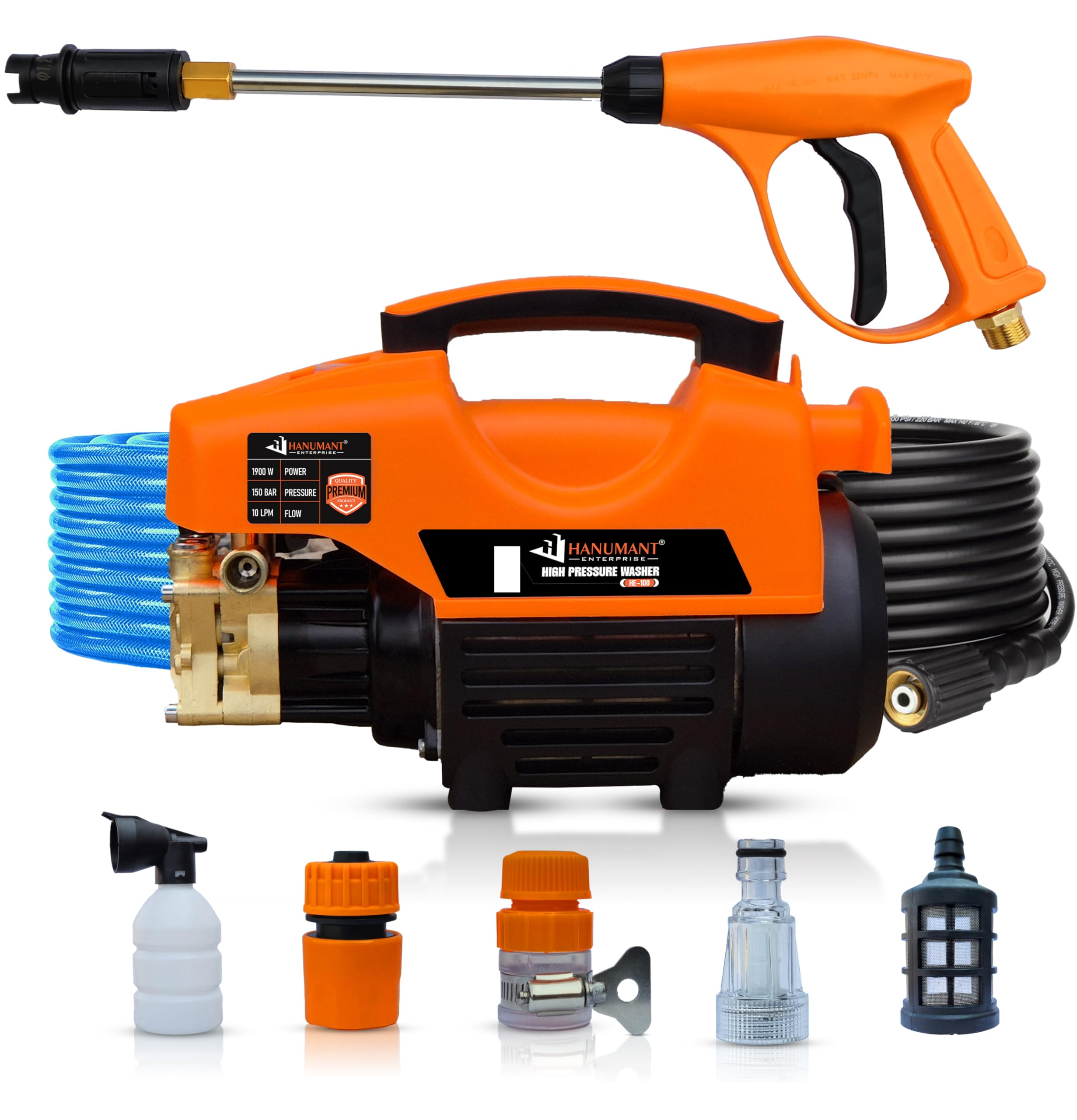 EUROCA Heavy Duty Portable Car Pressure Washer | 1900W Powerful Moter | Max 150 Bar | 10 L/Min Water Flow Rate | 100% Copper Motor|1 Year Warranty | Domestic Use For Car/Bike, Home, Solar, AC Cleaning