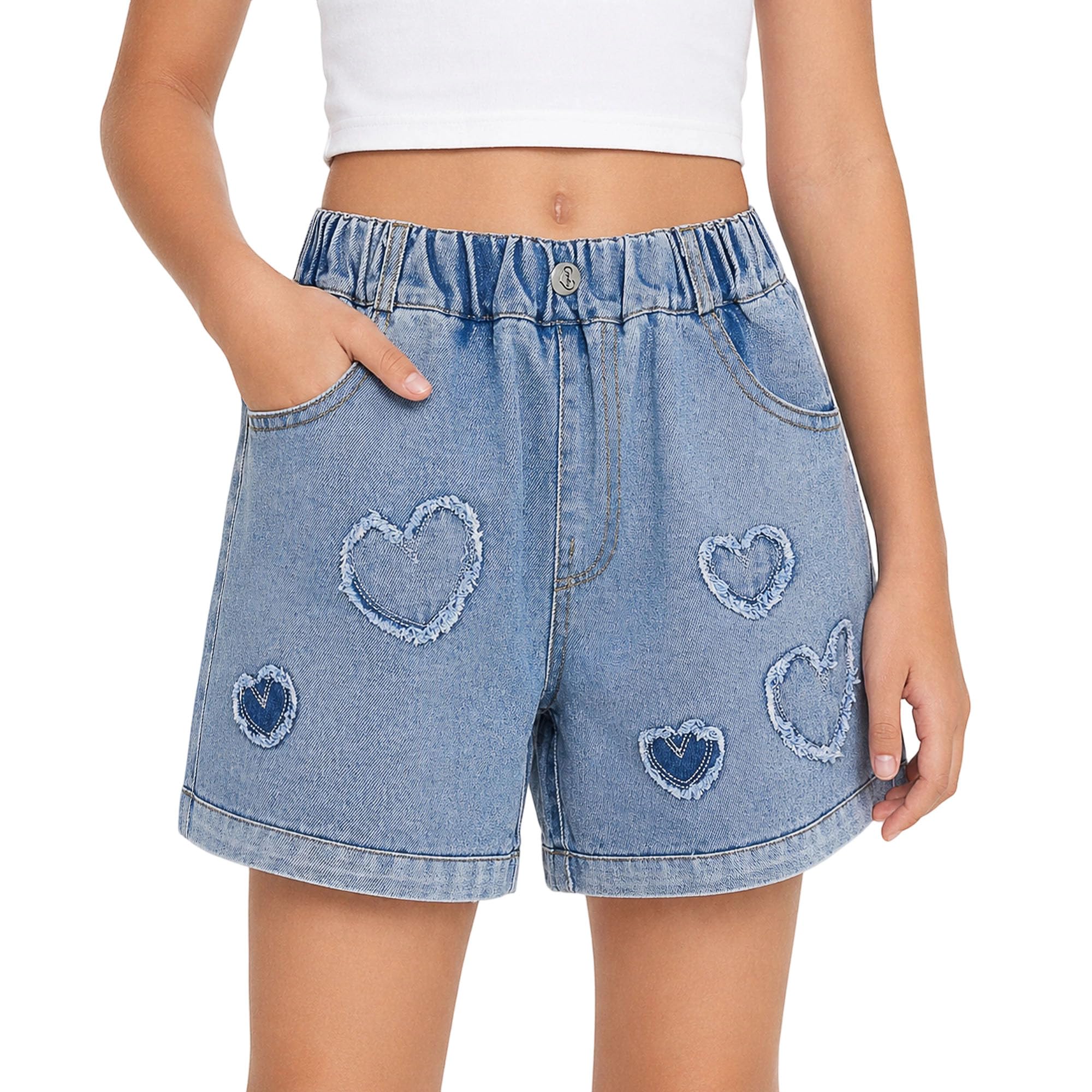 Rolanko Pantaloncini in jeans da bambina a gamba larga larghi in denim con elastico in vita pantaloncini estivi con tasca 6-14 anni