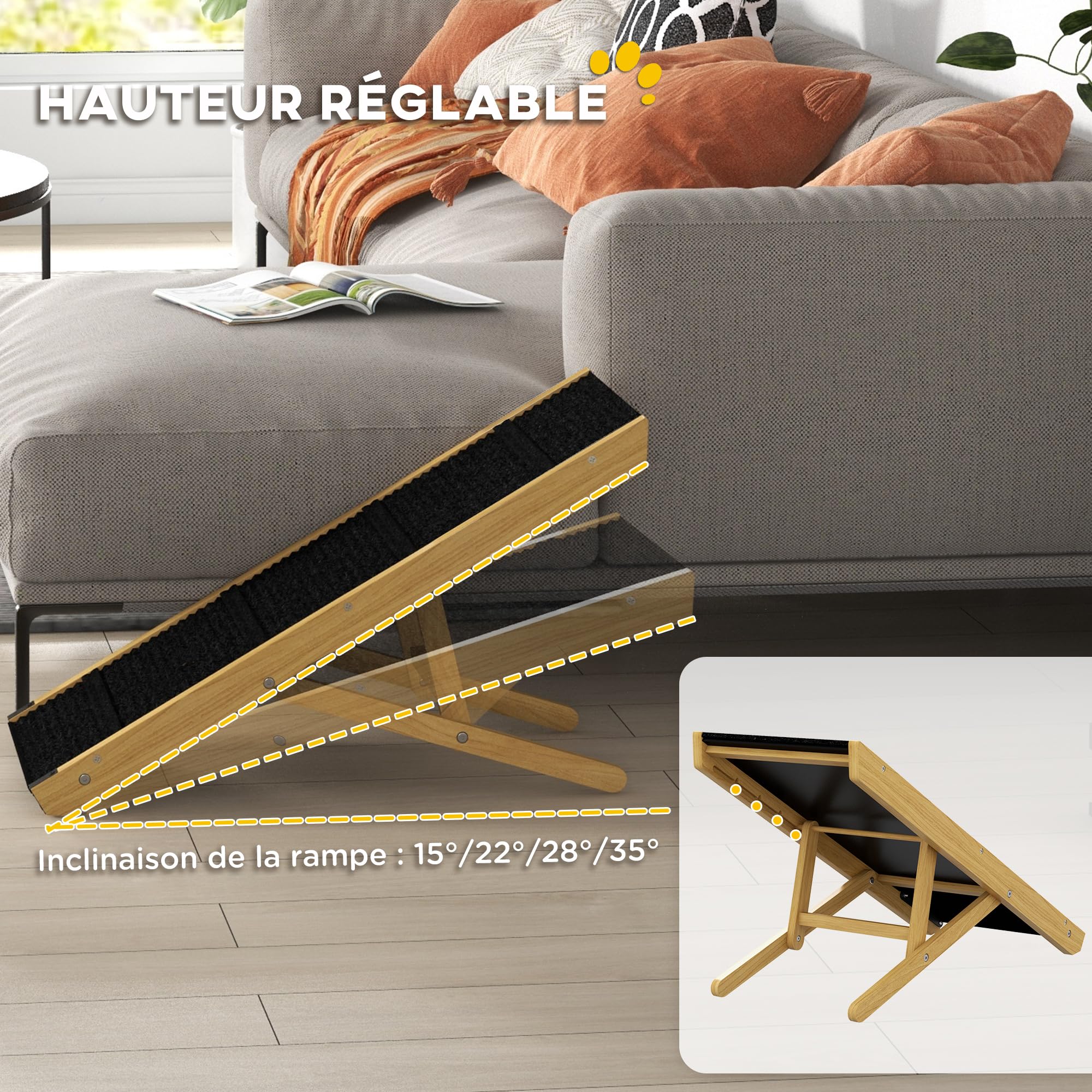 PawHut Rampe Pliable pour Chiens en Bois avec Hauteur Réglable 4 Niveaux, Surface Antidérapante, 83,5 x 35 x 47,5 cm