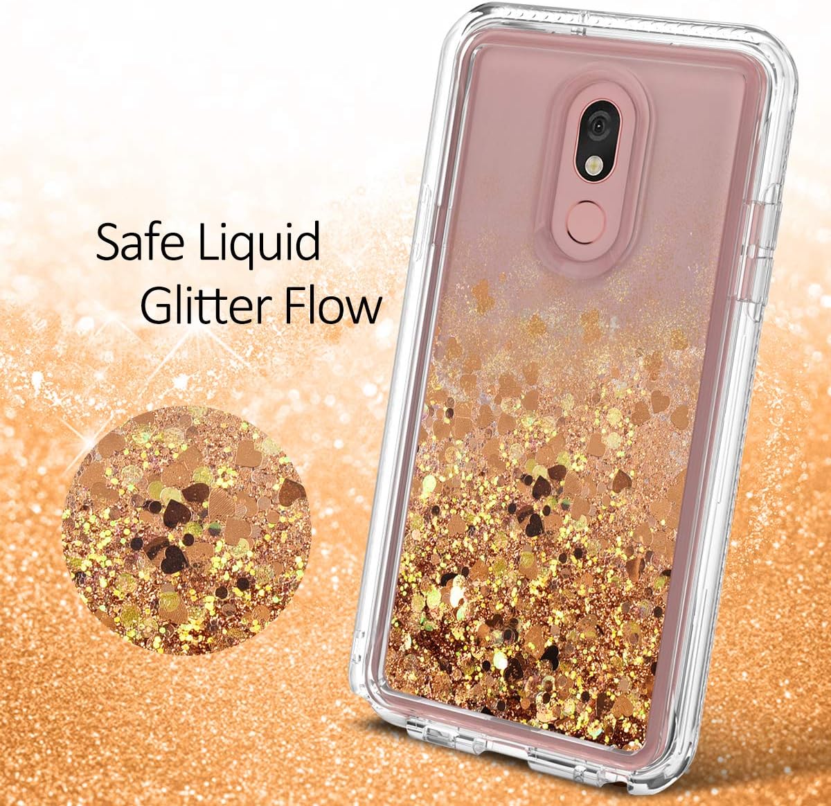 Dexnor Compatible with LG Stylo 5 Case with Built in Screen Protector Clear Glitter Bling Quicksand Rugged Silicone Hard 3D Dual Layer Hybrid Defender Bumper for Girl Women Light Brown