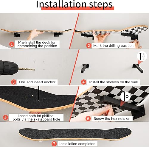 Miniatura 5 de Soporte de pared para monopatín, soporte de plataforma de patineta longboard en la pared, soportes de estantes flotantes para patinetas, paquete de 4