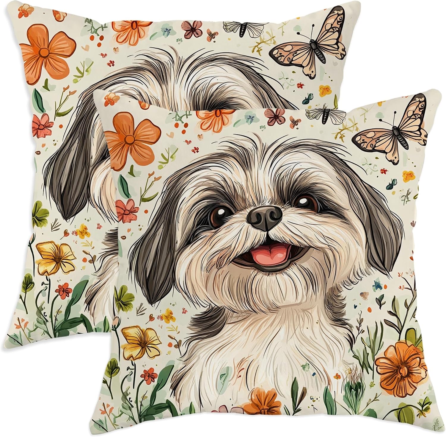 Spring Shih Tzu Dog Throw Pillow Covers 16x16 Set of 2, Soft Comfy Cartoon Flowers Pillow Cases Kit, Pet Velvet Home Decorative for Couch Sofa Living Room Bed