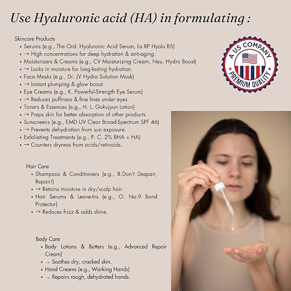 Hyaluronic Acid Powder Pure High Molecular Weight Cosmetic Grade Water Soluble Sodium Hyaluronate for Skin Face Cosmetic Applications Make Your Own Serum