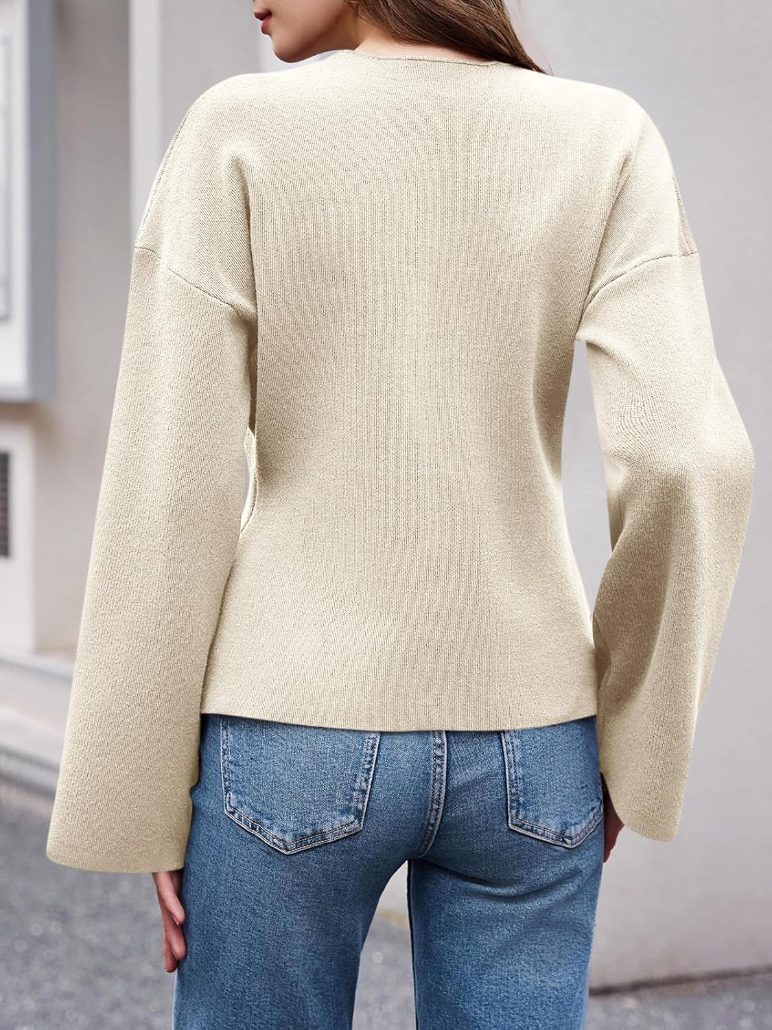 Saodimallsu Womens V Neck Cardigans Long Bell Sleeve Button Down Open Front Loose Knit Fall Sweater Blazer - Image 6