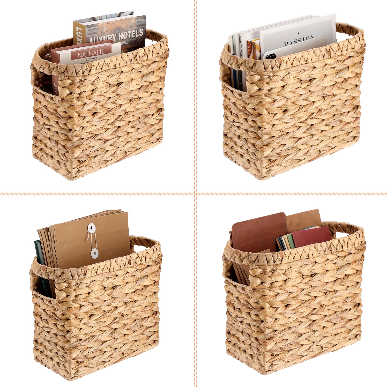 BSTKEY Panier de rangement étroit en jacinthe d'eau naturelle, porte-revues, organiseur de journaux, magazines, documents avec poignées pour la maison et le bureau