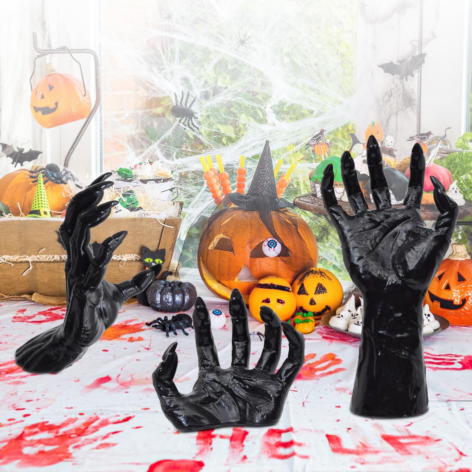 Dekoracje na Halloween Gotycki wystrój wnętrz: zestaw 3 naściennych przerażających sięgających dłoni z zapalonymi świecami do gotyckich dekoracji ściennych