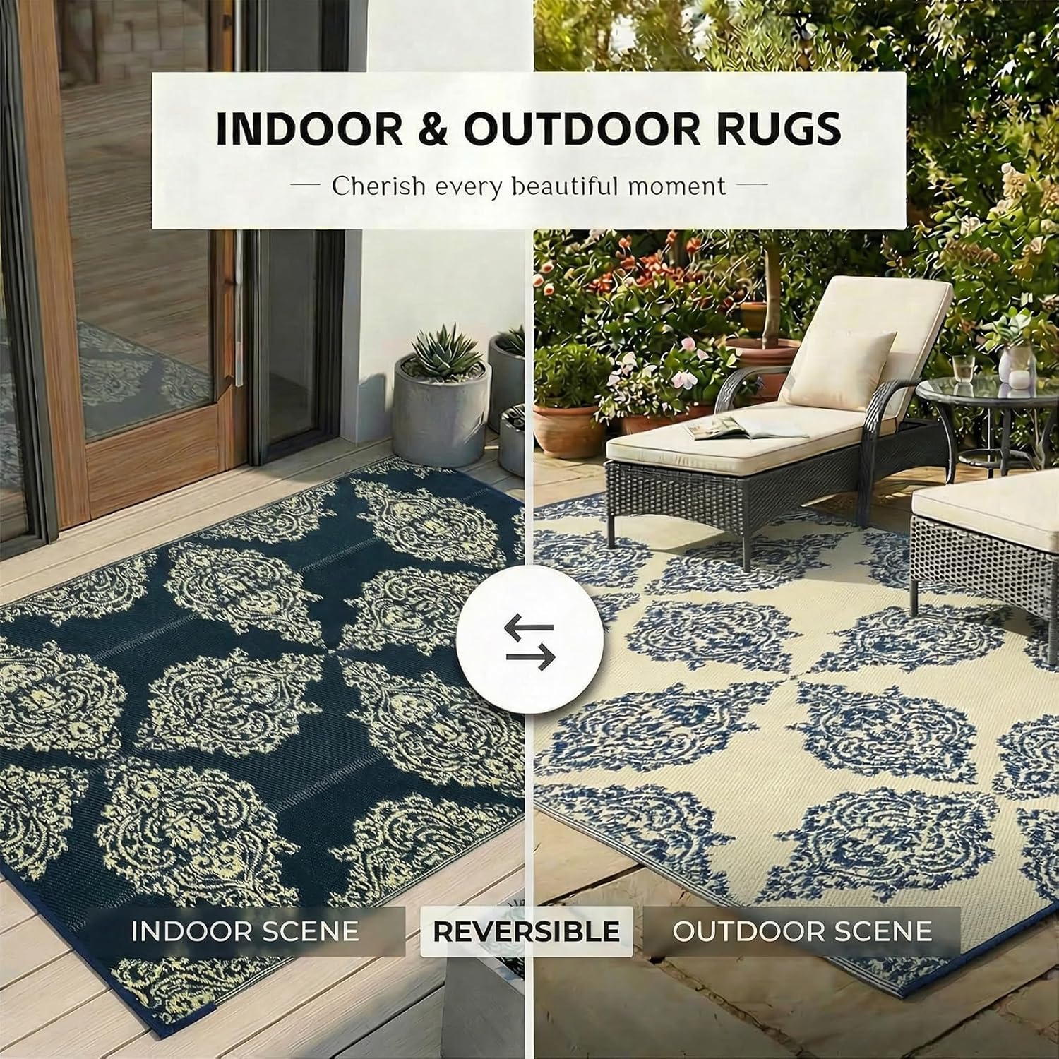 wikiwiki Outdoor Rug, 9x18ft Waterproof Reversible Mat Indoor Outdoor Rugs Carpet, Small Area Rug Plastic Straw Rug for Patio Deck Balcony Pool RV Camping Beach Picnic, Blue & Beige, Rugscape Series