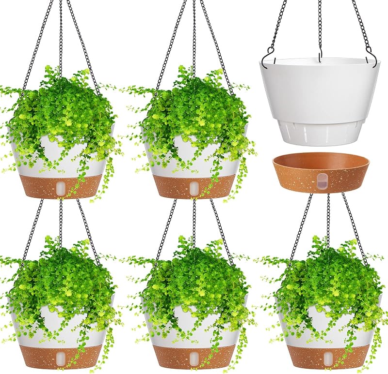 6 Pcs 8 Inch Hanging Planter for Indoor Plants Self Watering Hanging Pot Baskets with Drainage Hole Visible Water Level Tray with Hooks for Garden Outdoor(White)