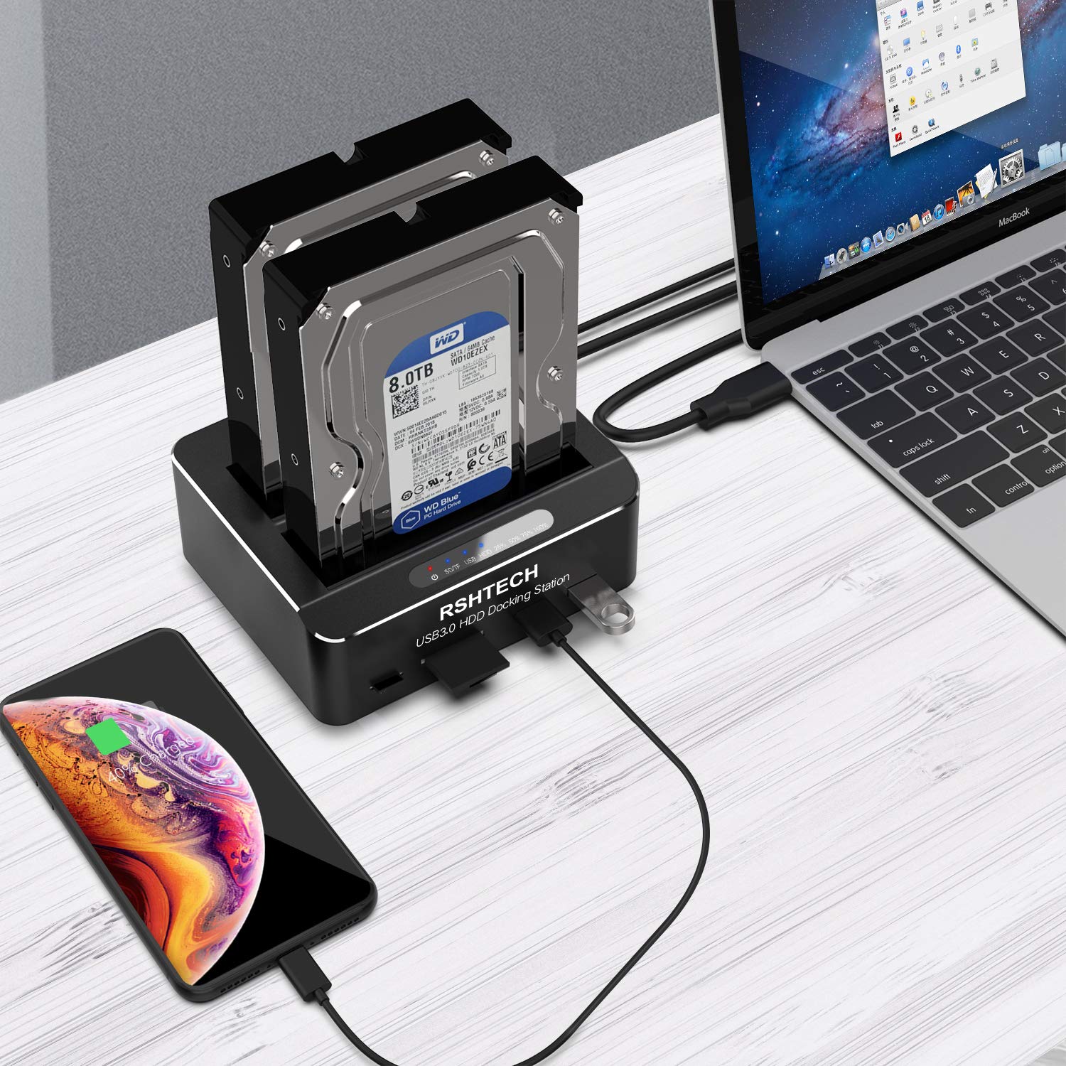 Dualschacht Festplatten Docking Station, RSHTECH USB 3.0 Aluminium Festplatten Dockingstation Offline-Klonen für 2,5 & 3,5 Zoll SATA HDD SSD, unterstützt SD & TF Karte, 2 x 24TB Laufwerke, 6 Gbit/s