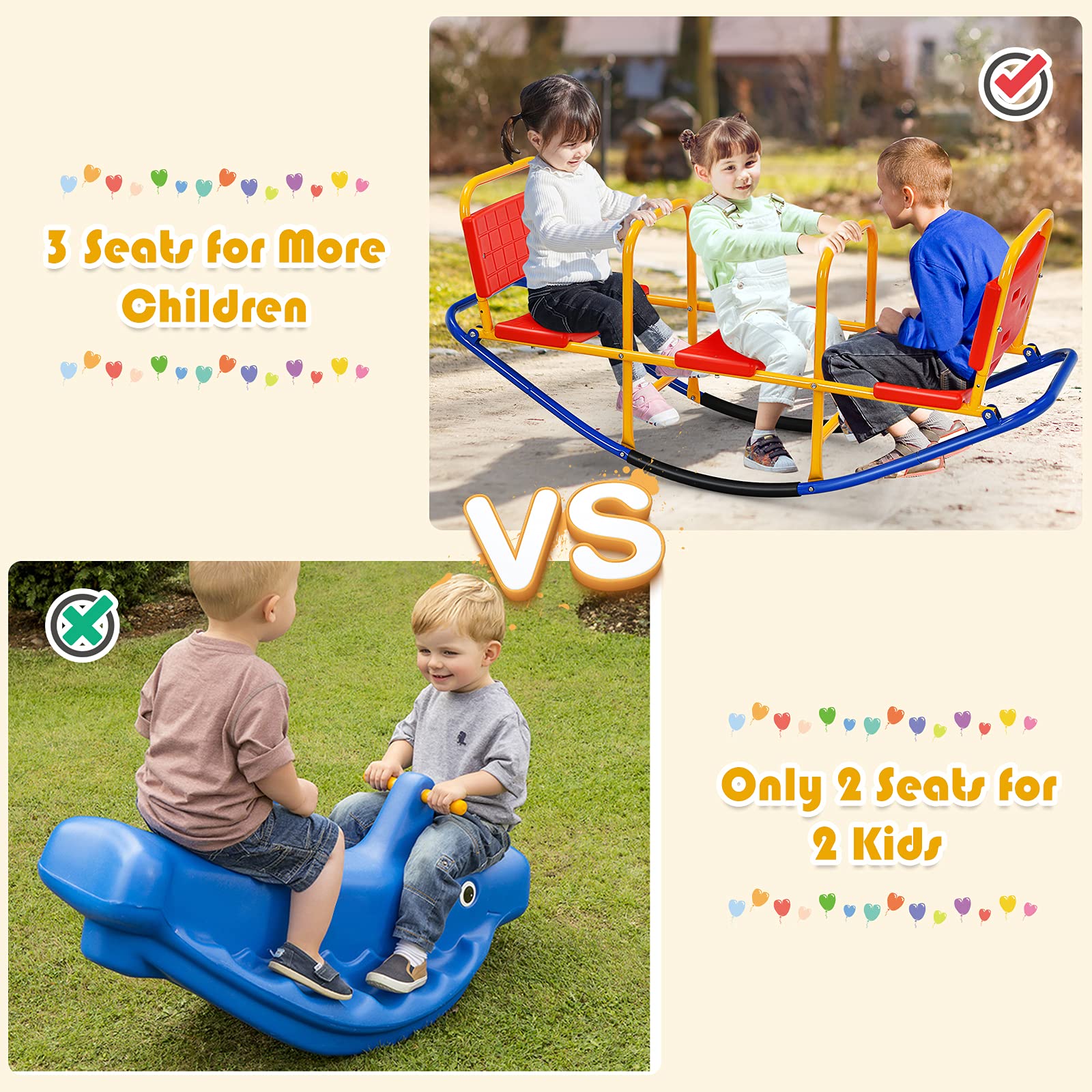 HOMASIS Altalena a Bilico per Bambini 3 Posti, Altalena a Dondolo in Metallo, Portata 90 kg, per Bambini 3-8 Anni (Rosso)