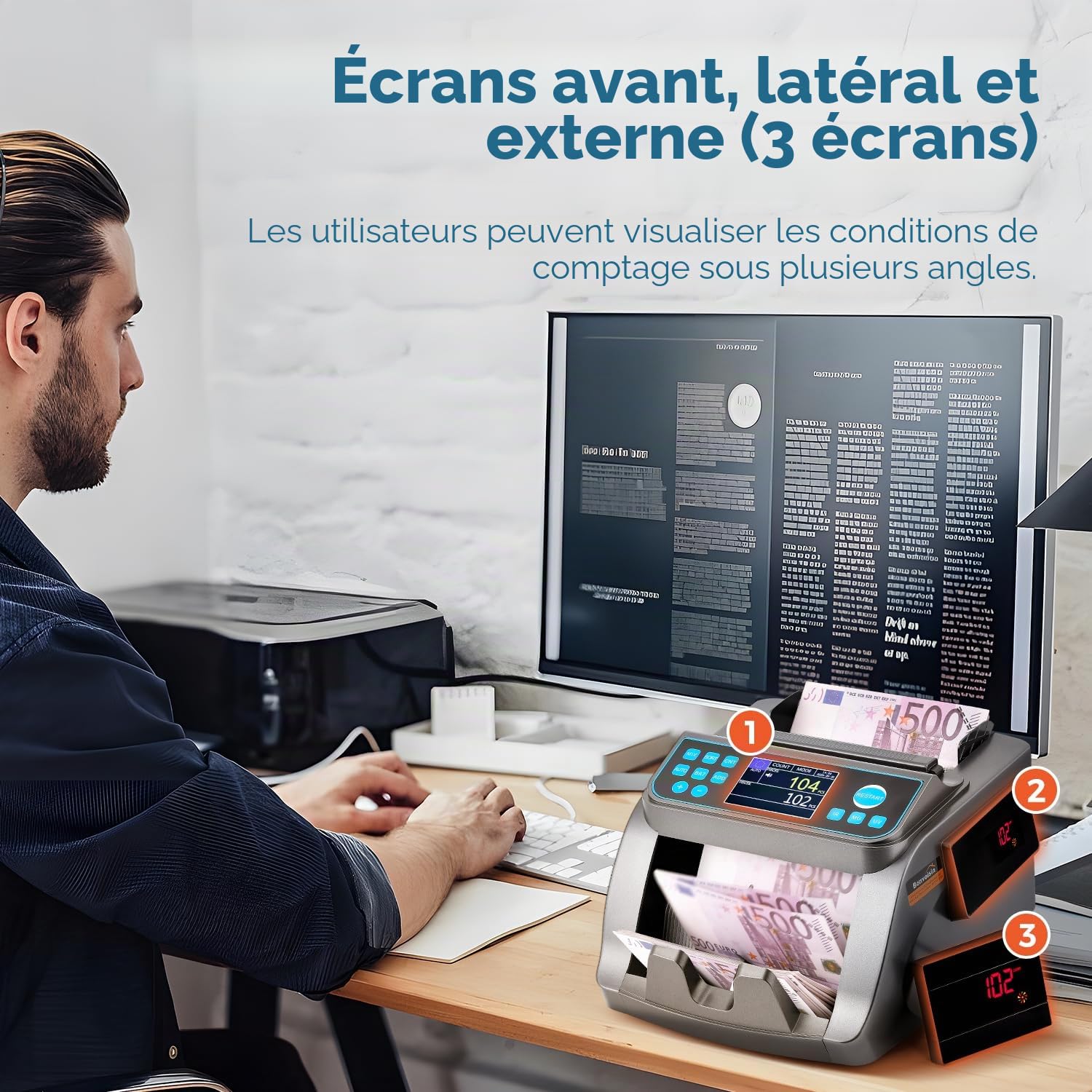 Bonvoisin Compteuse de Billets Professionnelle, Comptage de Valeurs pour Coupures Mixtes en EUR, Machine à Compter les Billets avec Détection des Contrefaçons UV/MG/IR/MT/DD, 1000 Billets/Min (EU)