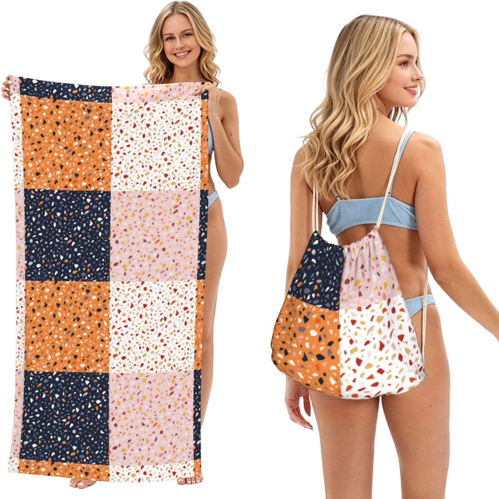 Poadnly As Picture Seamless Vector Terrazzo Patterns, 2 In 1 Packable Towel Bag, Beach Towels With Drawstring Backpack For Travel Holiday Camping