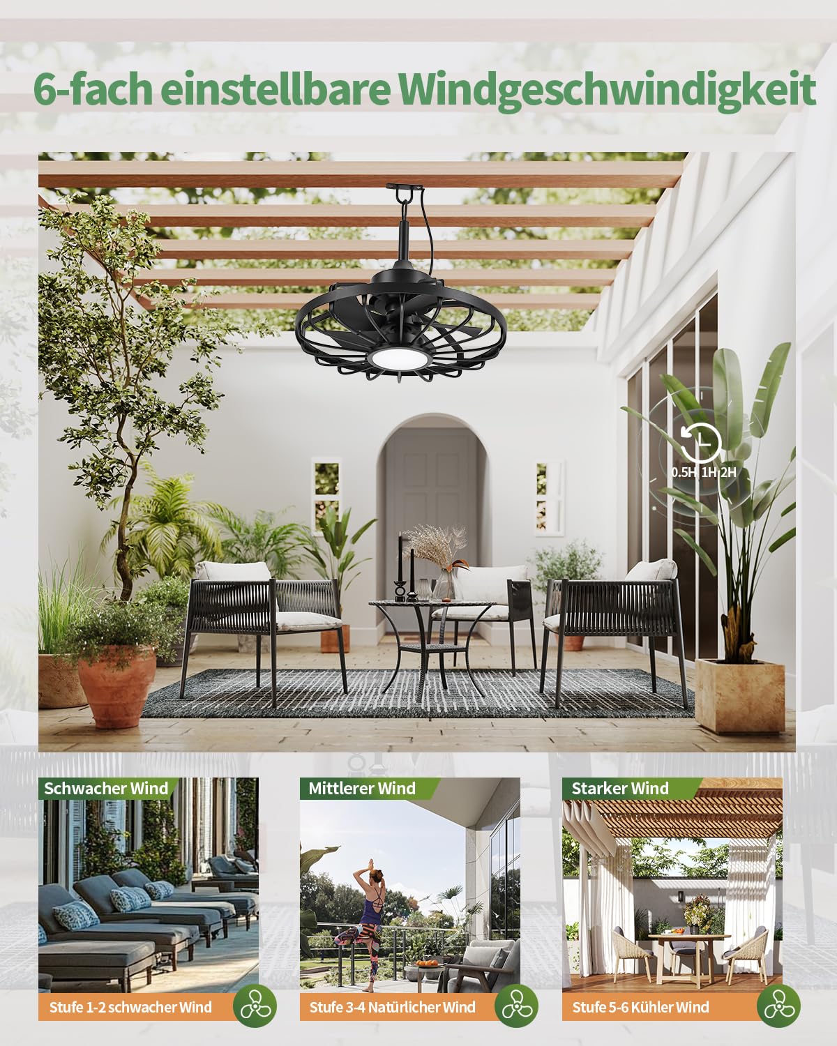 Deckenventilatorleuchte für den Außenbereich, Außenlicht mit Ventilator, IP44 Wasserdicht, 6 Lüftungsgeschwindigkeiten, mühelose Lichtdimmung, für Terrassen, Pergolen, Wohnzimmer, Esszimmer
