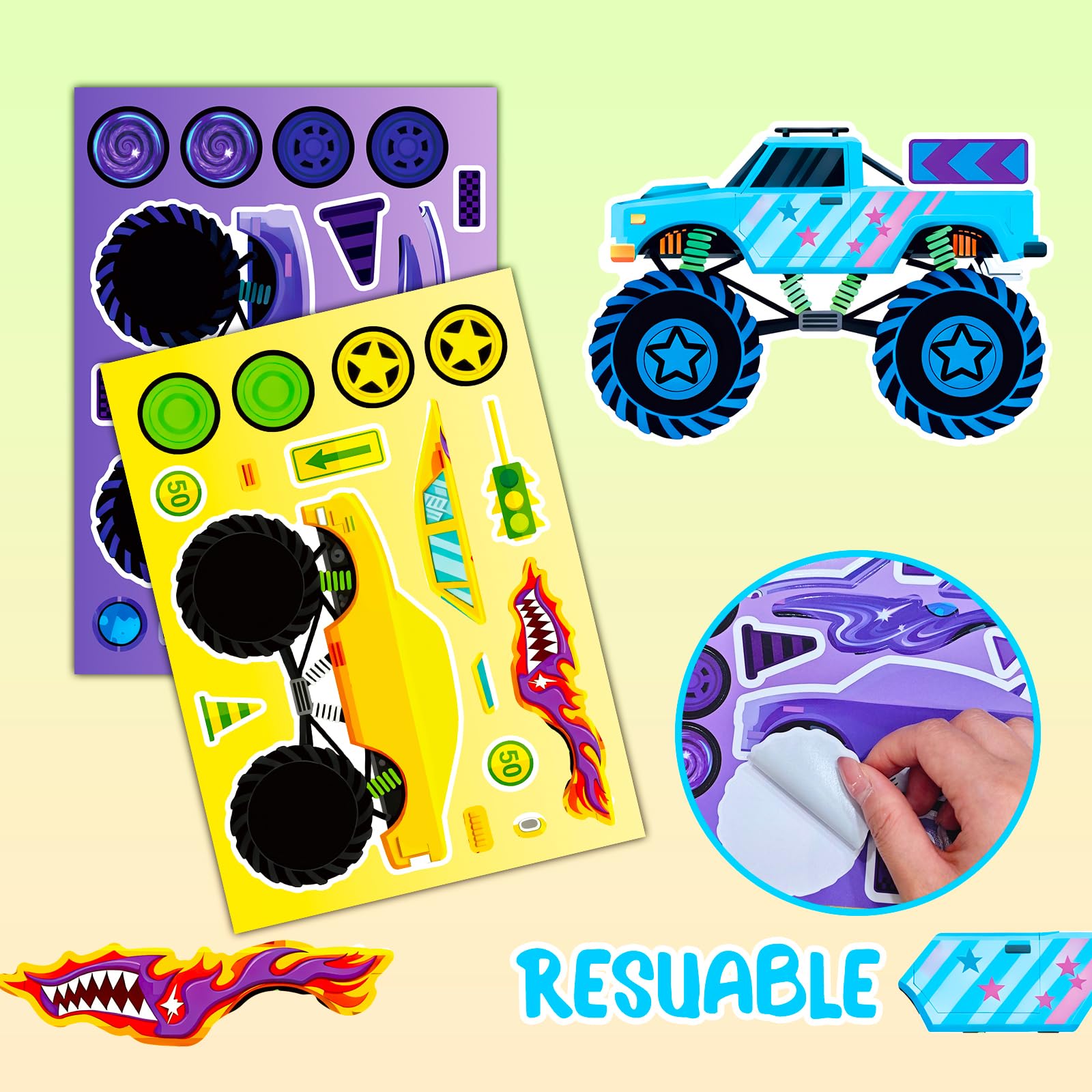 24 Sheets Make Your Own Stickers, Car Make-a-face Sticker Trucks, Race Cars DIY Craft Stickers for Party Decoration Reward — view 5