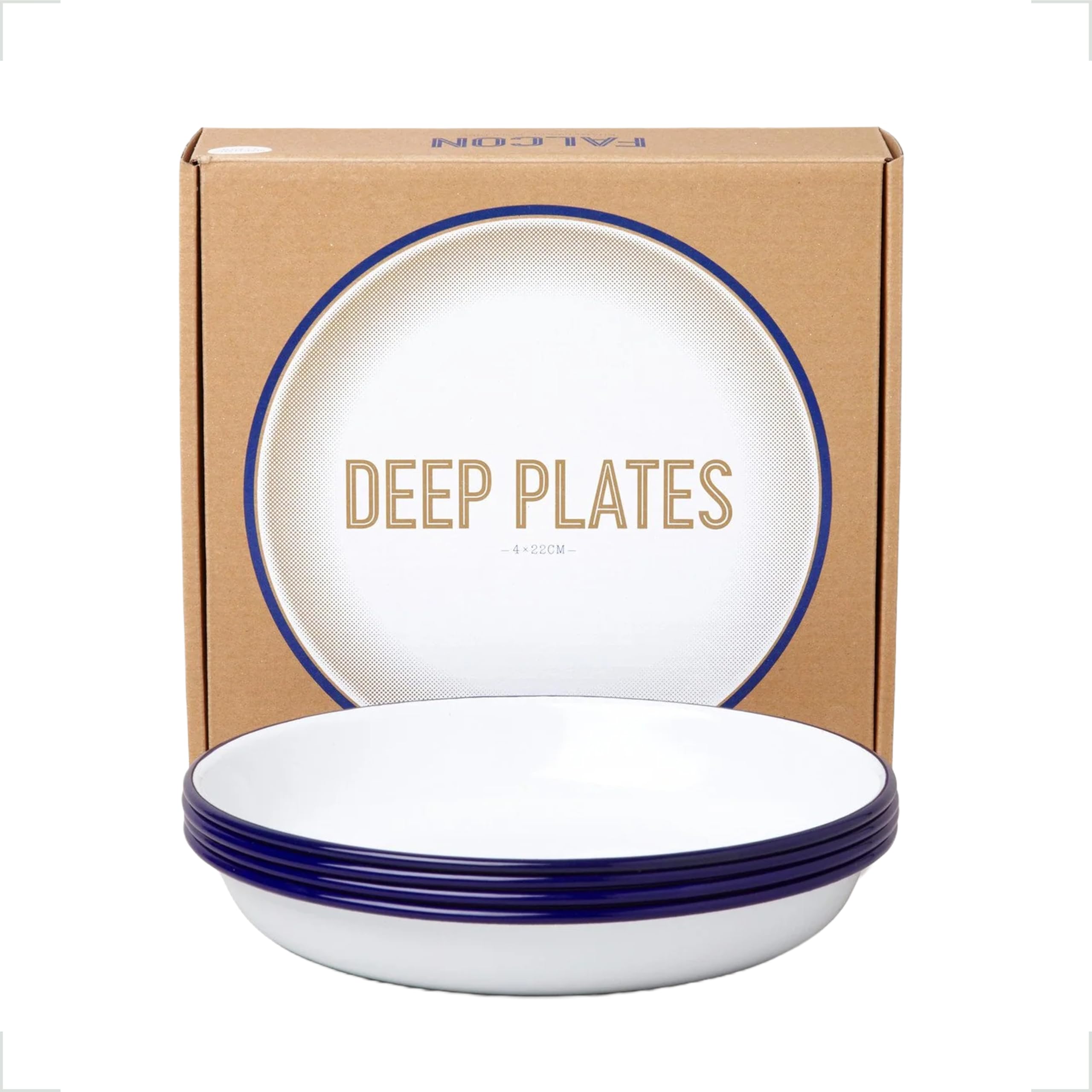 Falcon Enamelware Blue Enamel Deep Plates Set Of 4 - White With Rim