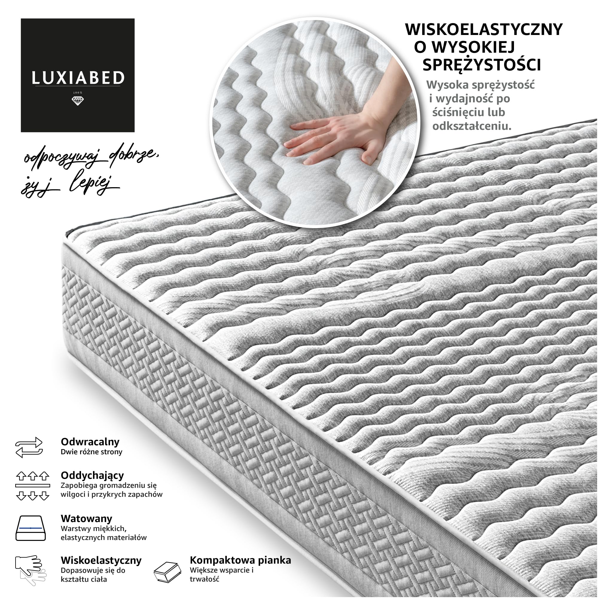 LUXIABED Materac 150x190 Odwracalny Małżeństwo. Wysoki komfort. Oddychający, przeciw roztoczom i przyjazny alergikom. Adaptacyjna Viscoelastica Plus. Komfort + Średnia jędrność Szary. Model Optimal