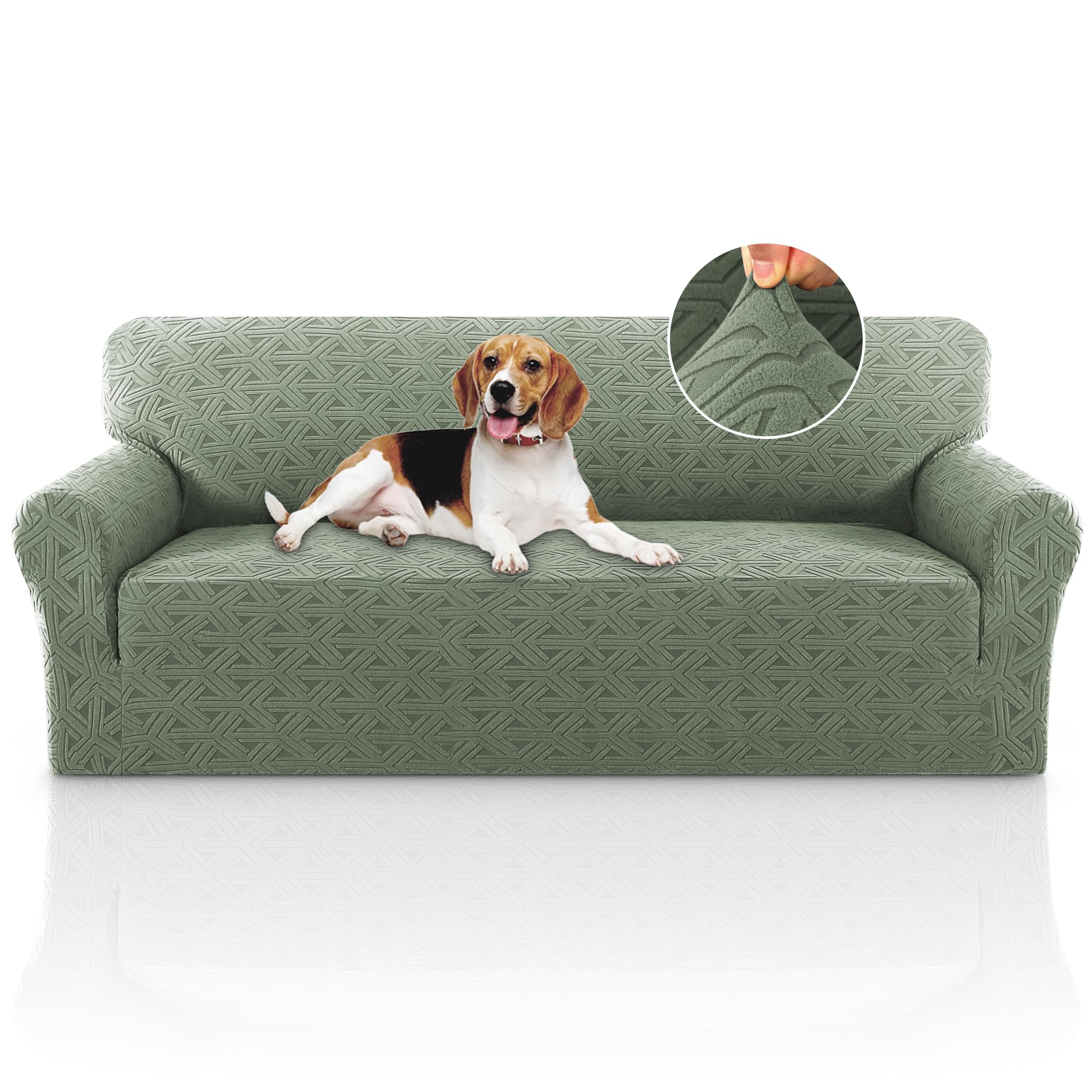 PrinceDeco Jacquard Couch Covers for 3 Cushion Couch 1 Piece Stretch Sofa Covers Furniture Protector Anti-Slip Soft Thickened Dogs Slipcovers Washable Diamond Pattern(Sofa, Sea Grass)