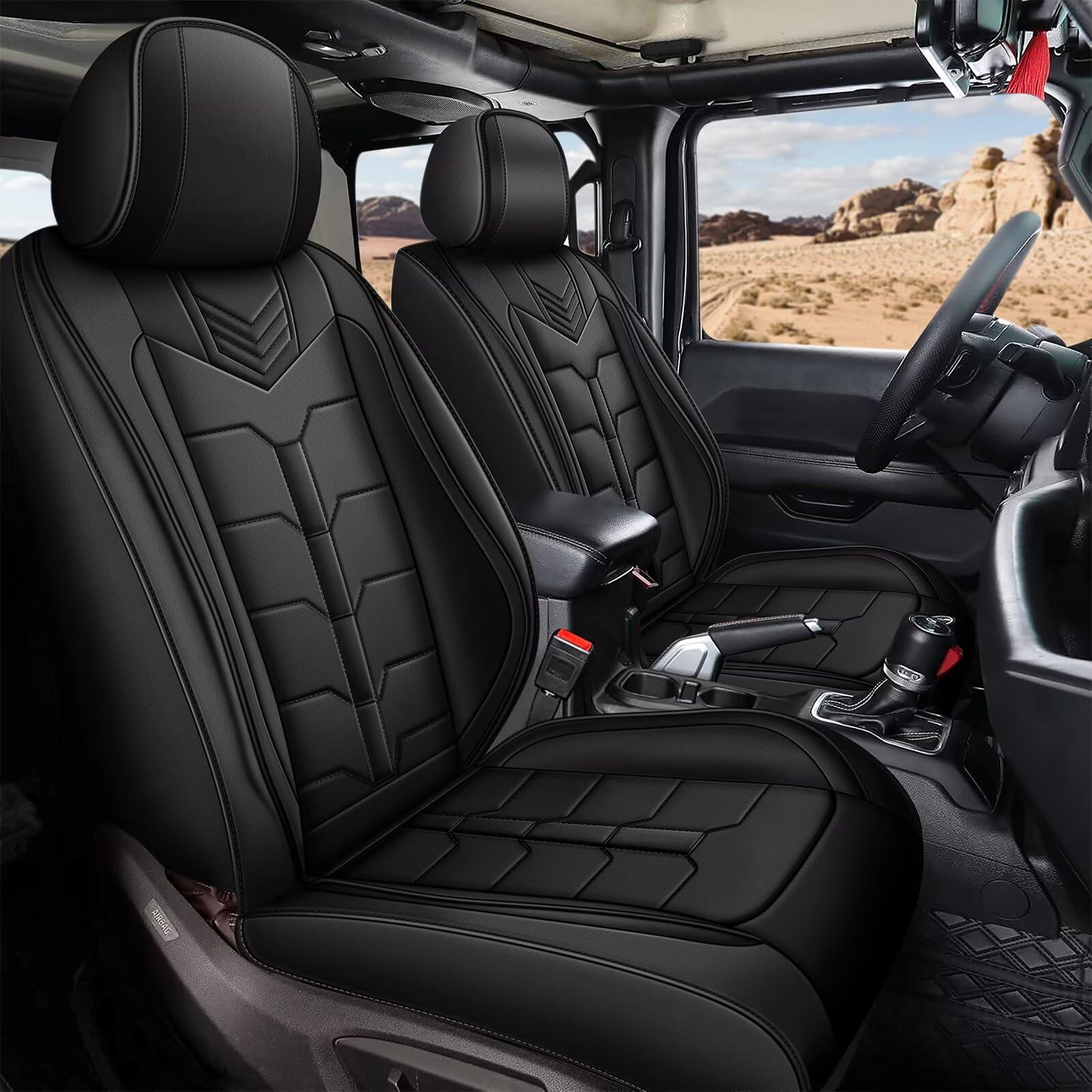 For 07-25 Jeep Wrangler JK JL Black&Blue Leather Seat Covers w For 07-25 Jeep Wrangler JK JL Black&Blue Leather Seat Covers w