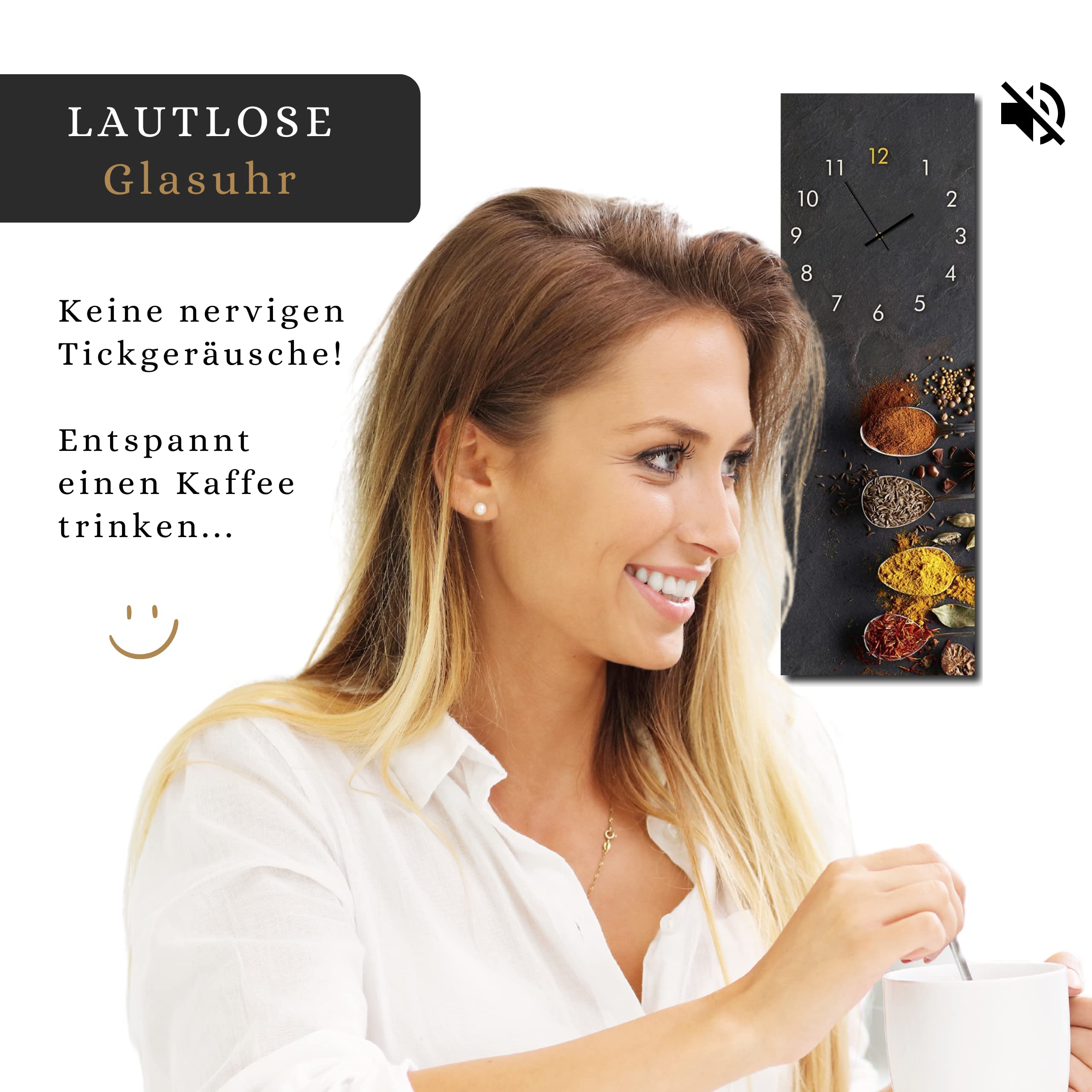 Wanduhr Spices & Spoons 20 x 60 cm | lautlose Uhr aus Glas Made in EU - Glasuhr inklusive Wandaufhängung - Wanduhr ohne Tickgeräusche mit Metallzeiger | Küchenuhr Küche | eckig | analog modern