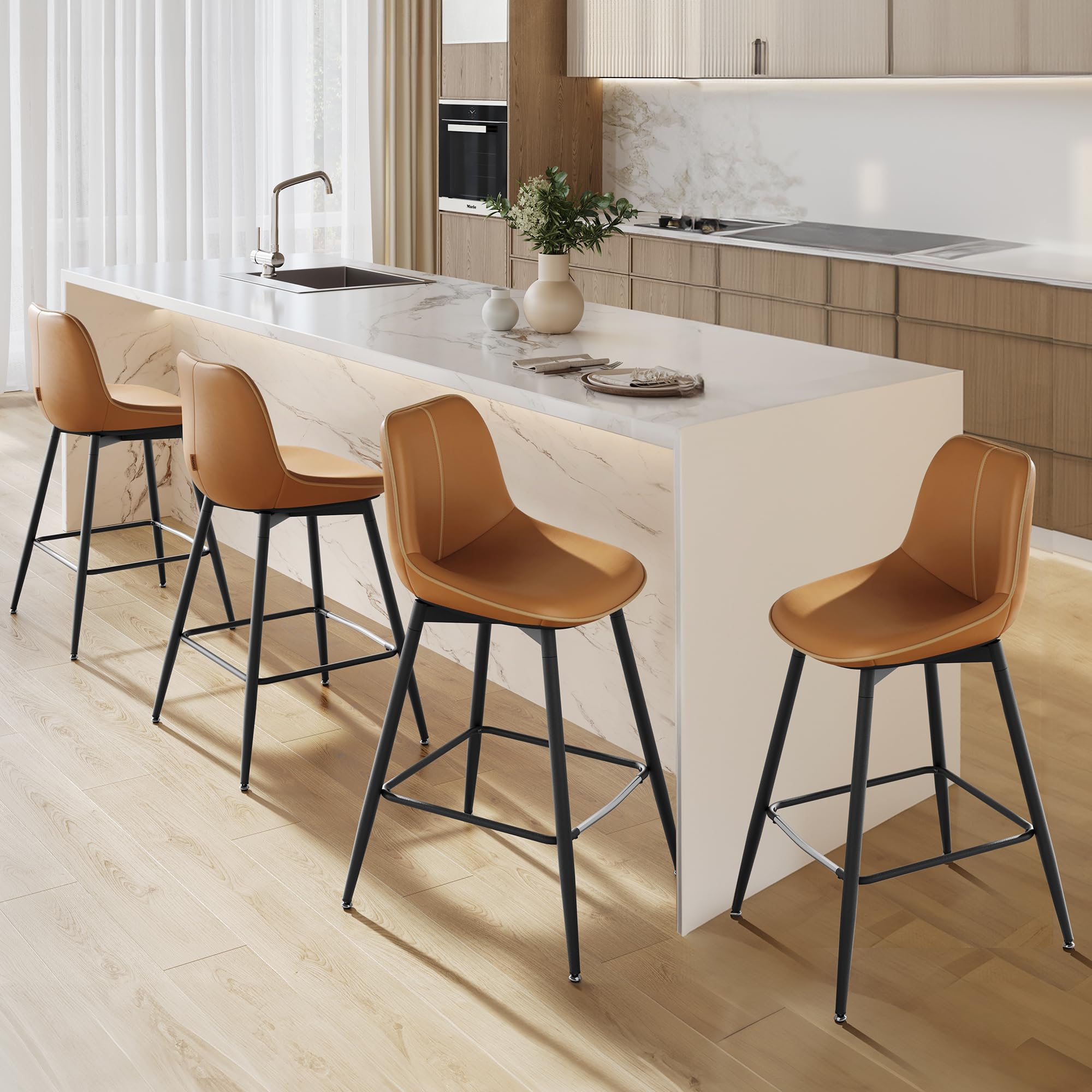 vasagle bar stools set of 4, counter height bar stools with back, ergonomic backrest, synthetic leather, metal legs, 24.8-inch tall barstools for kitchen island home bar, easy assembly, caramel brown