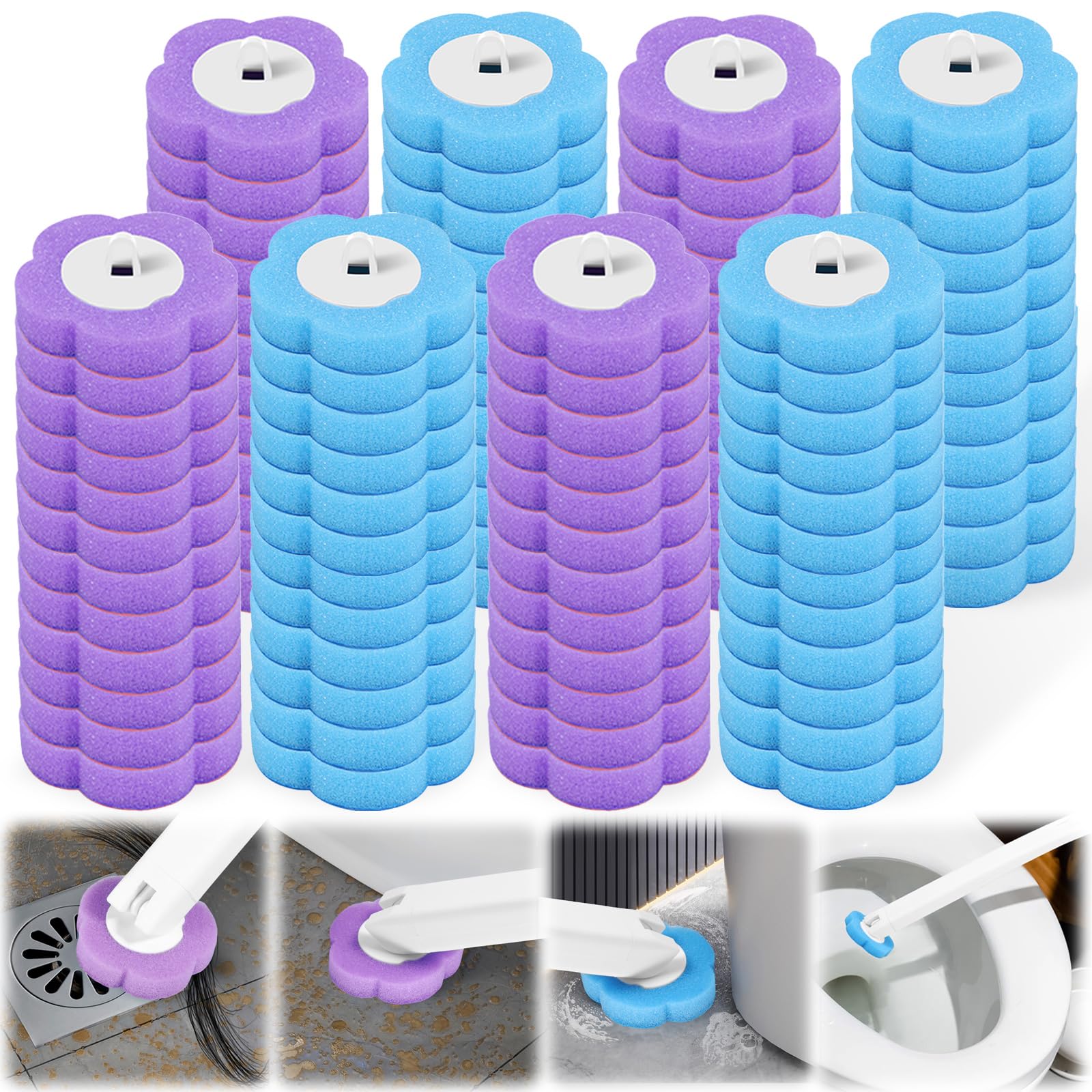 Pack of 96 Disposable Toilet Brush Head Refills, 360° Sponge Toilet Cleaner Brush Replacement Head Set for Bathroom Household Cleaning, 48 Lavender & 48 Marine Scented, Handle Not Included(96PCS)