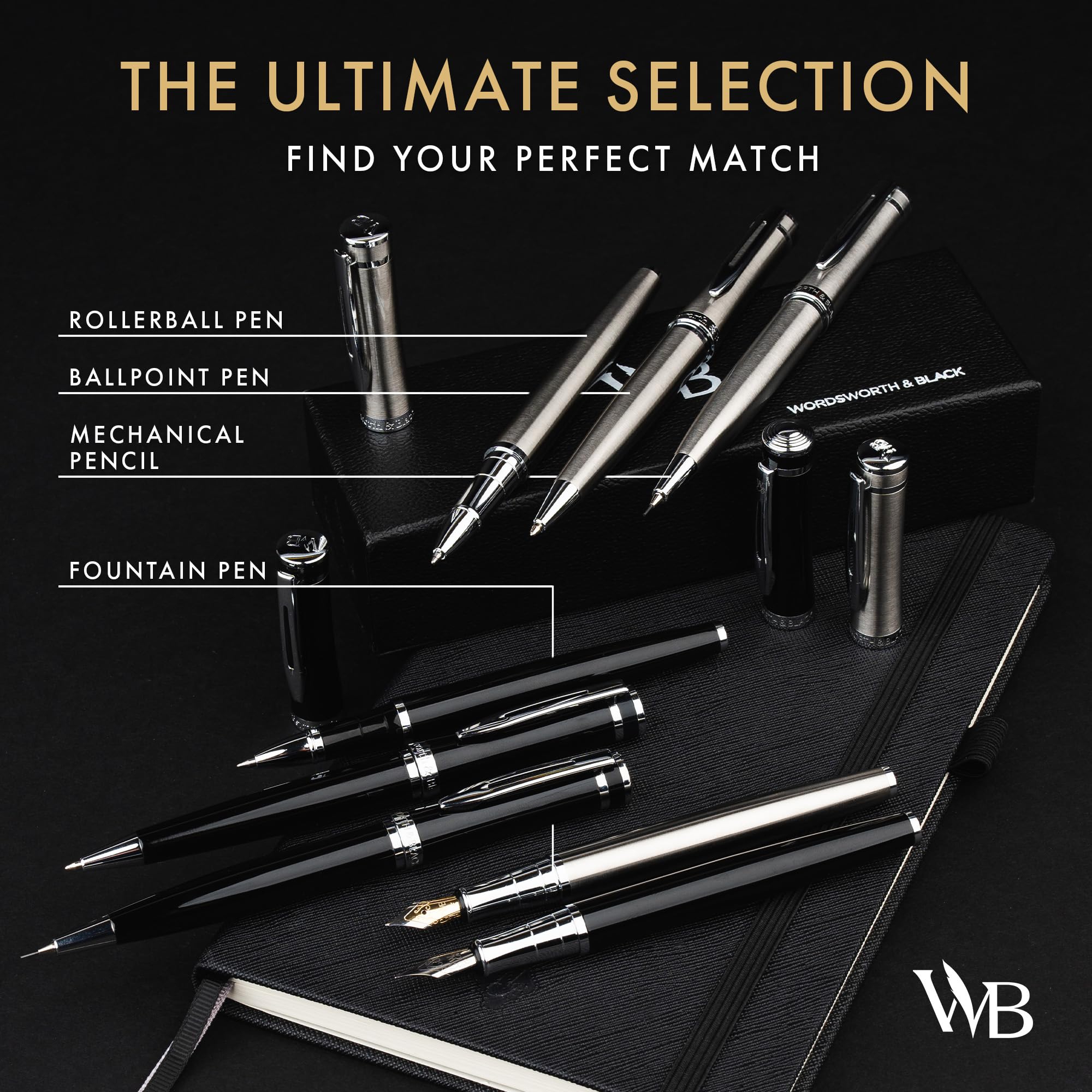 Wordsworth & Black Portaminas Metálico de Lujo 0,7 mm para Escritura, Negro | Set de Minas de Grafito Regalo para Hombre y Mujer, Acabado Oro 24K, Cuerpo Laca, Ejecutivo Profesional, Uso Oficina
