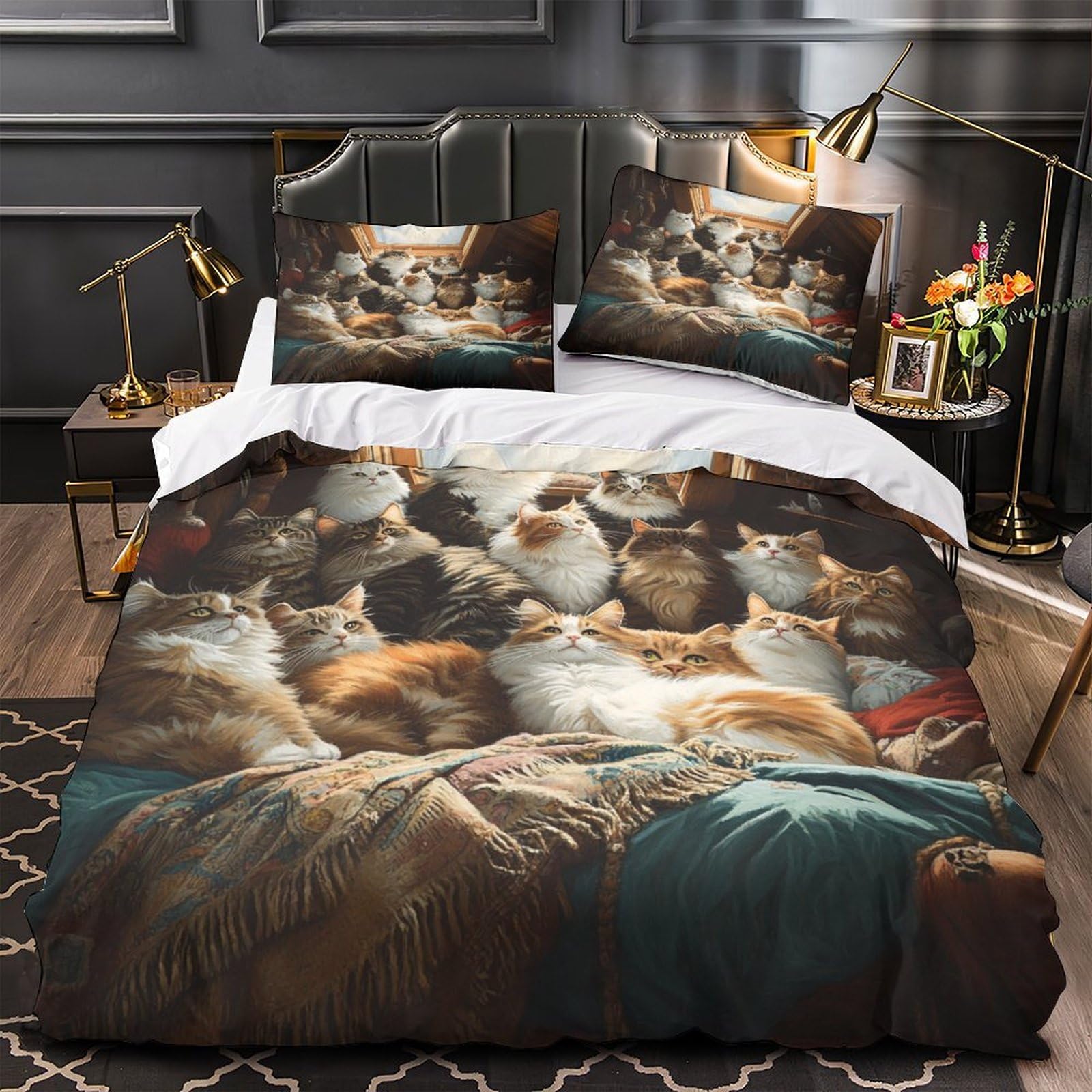 Housse de couette chats de grenier 3D parure de lit microfibre anti-tache 260x220
