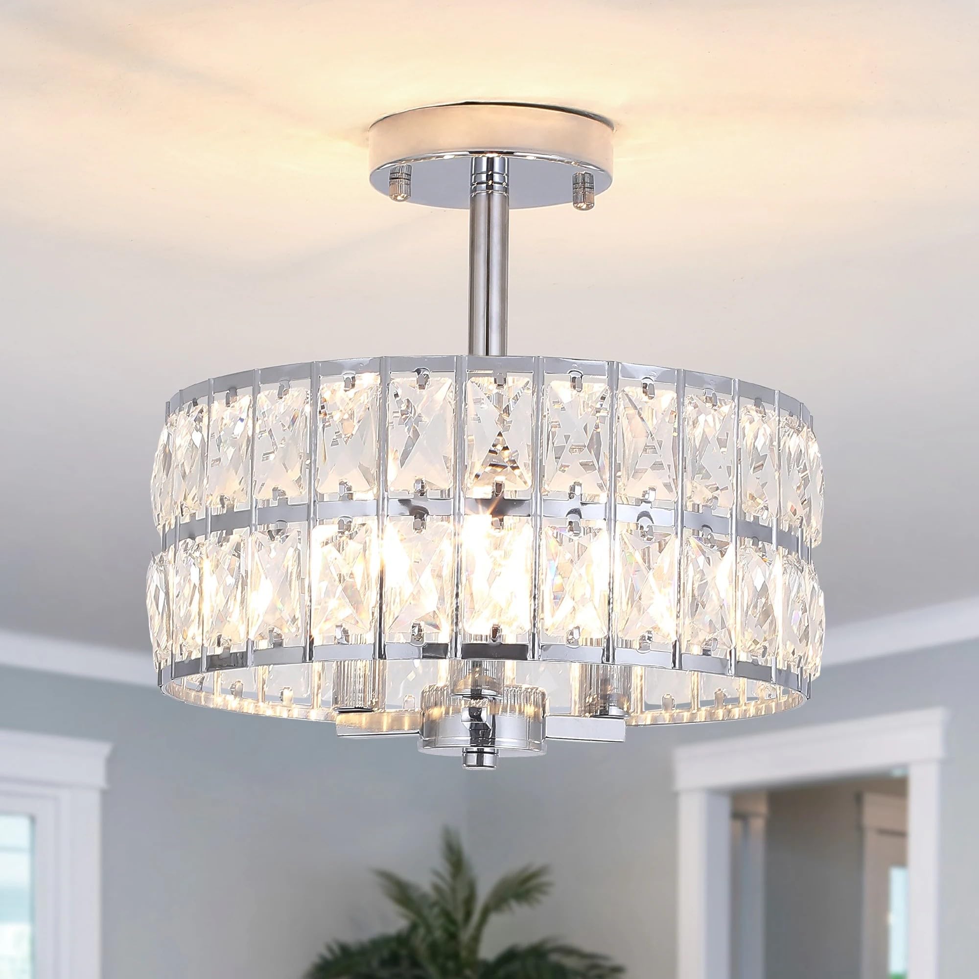 Crystal Ceiling Lights 3-Light Chrome Ceiling Lights Living Room Modern Crystal Chandelier Semi Flush Mount Chandeliers Ceiling Light Fittings Ceilings for Bedroom Hallway Kitchen Lounge Dining Room — image 1