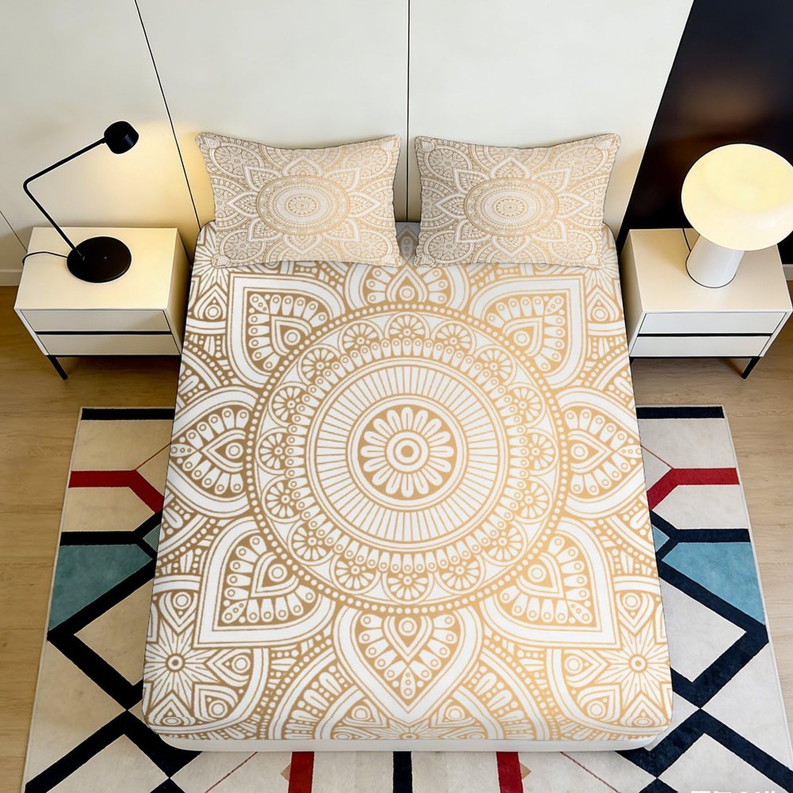 3D Printed Mandala Sun Pattern Fitted Sheet Microfiber Anti-Slip Boho Flower Bed Cover for Bedroom Dorm Decor 90x200x25cm