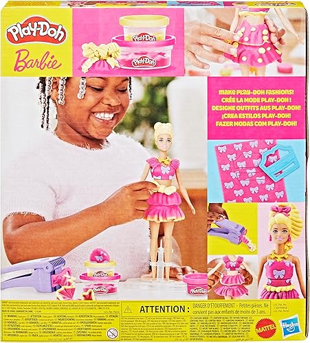 Miniatura 15 de Play-Doh Barbie - Juego de volantes y lazos, haz ropa de muñeca con compuesto de modelado y 9 accesorios de moda, artes y manualidades para niñas y