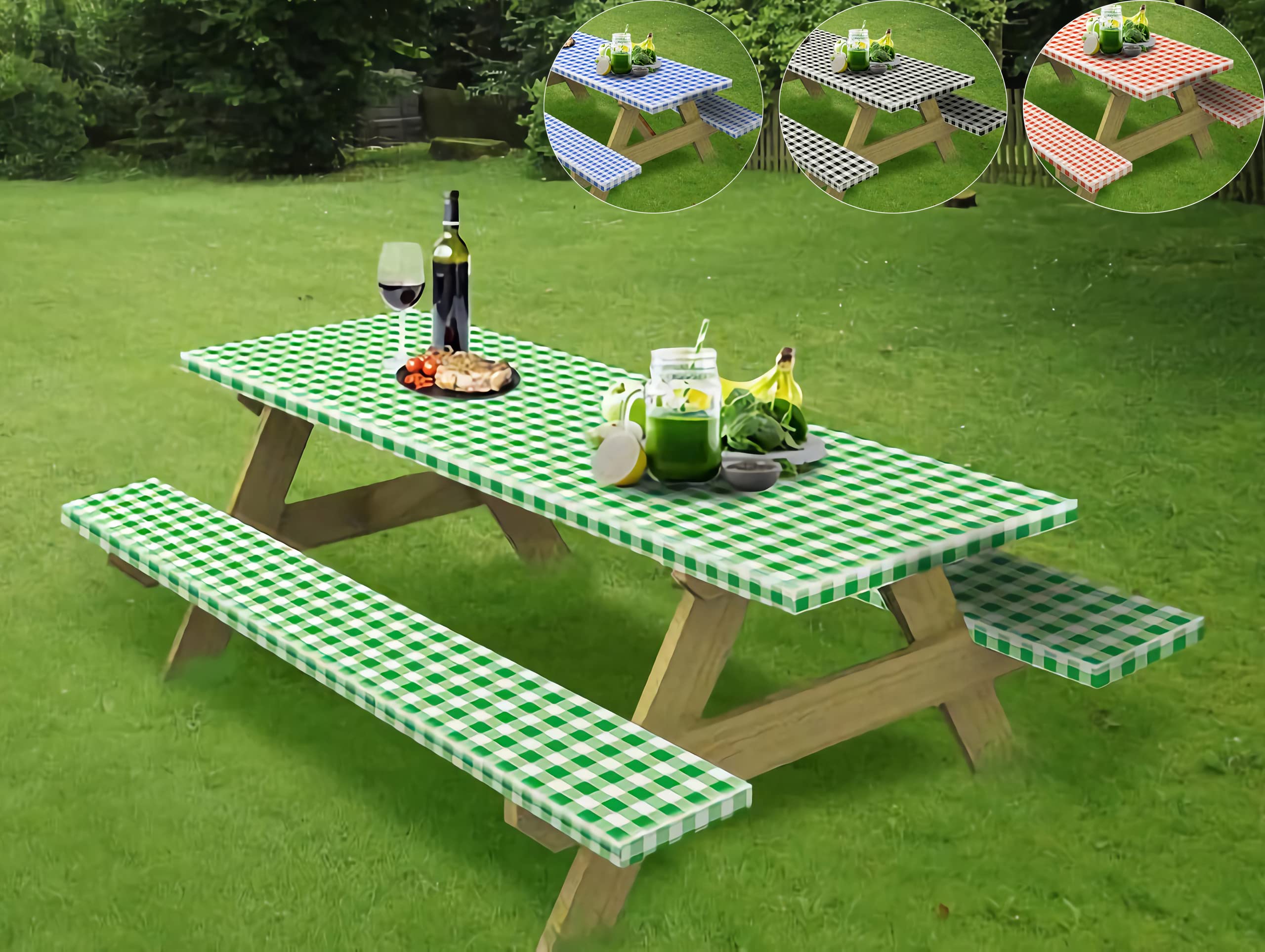wagude Rectangle Vinyl Camping Picnic Table Cover + Benches 3-pc Set,30x72'' (6-FT) Flannel Backing Elastic Waterproof Wipeable Green/White Checkered Plastic Tablecloth for Indoor Outdoor Patio Park