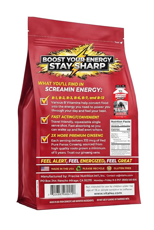 Screamin Energy Max Hit Coffee Mocha Energy Shot Pouches, 24 Count, Extra Strength Caffeine with Panax Ginseng and B Vitamins