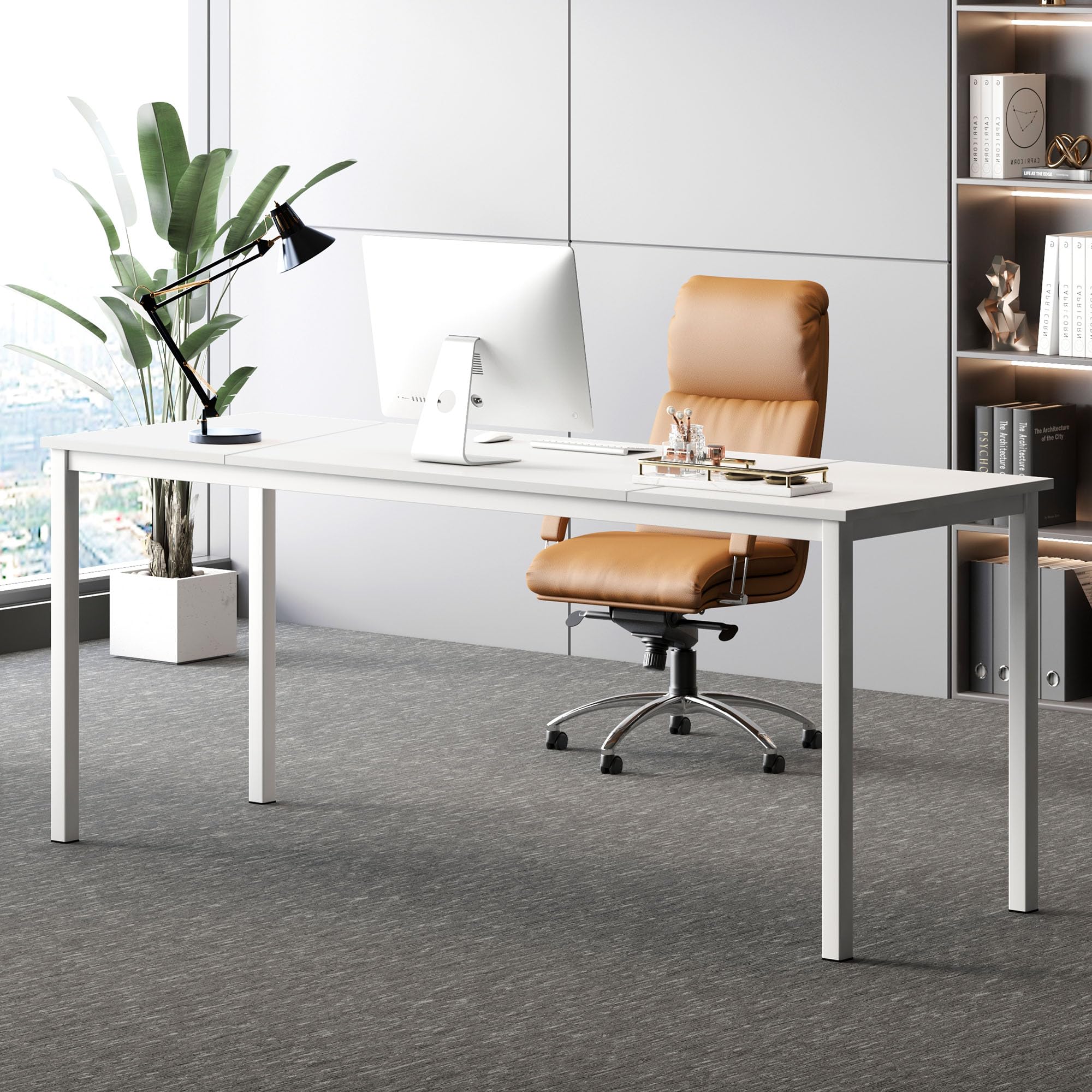 Need 70.8 Inch Sturdy Computer Desk, Large Study Student Writing Desk, Simple Style PC Workstation with White Metal Frame for Home Office, White