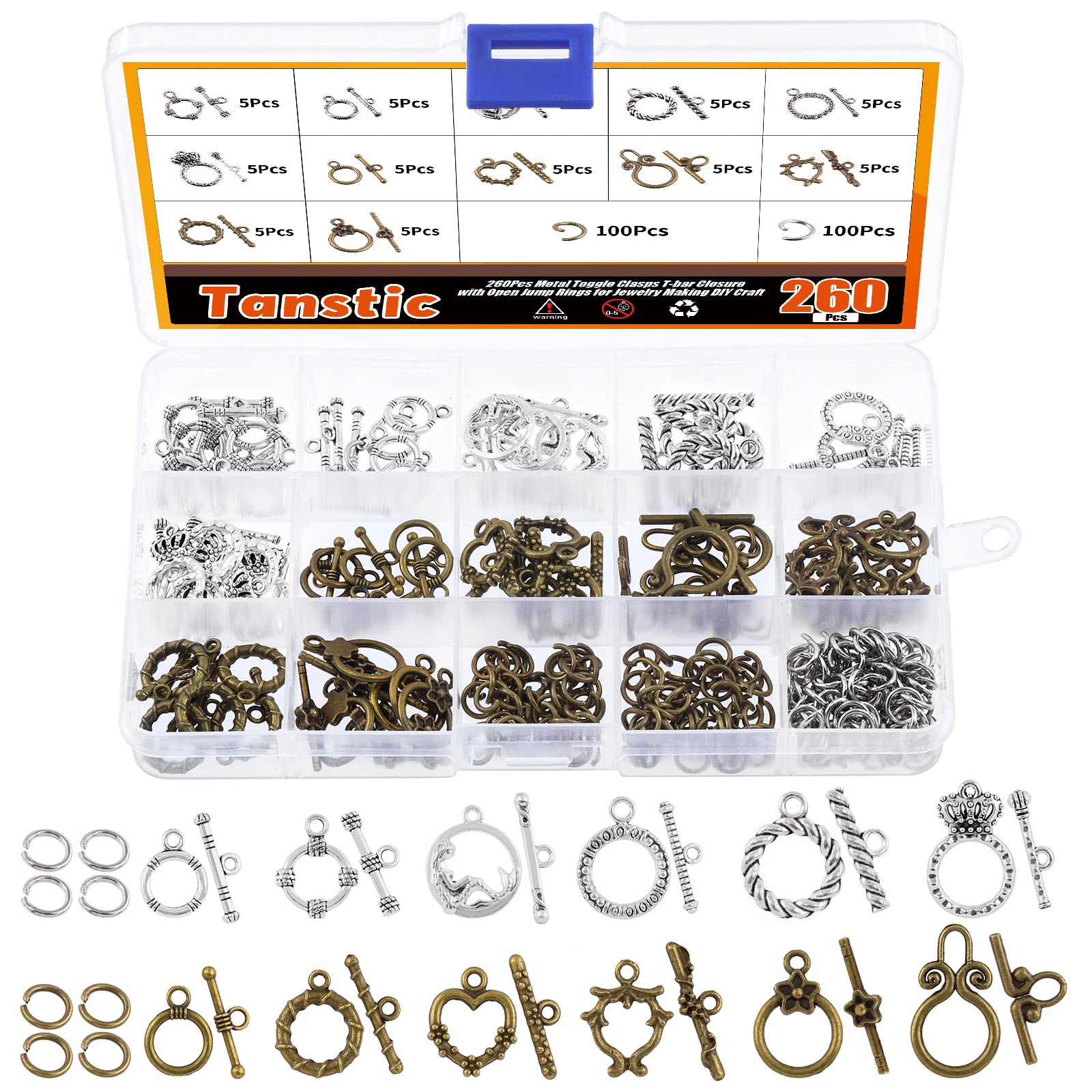 Fermoirs à bascule Tanstic de 12 styles avec anneaux de jonction pour création de bijoux, 260 pcs
