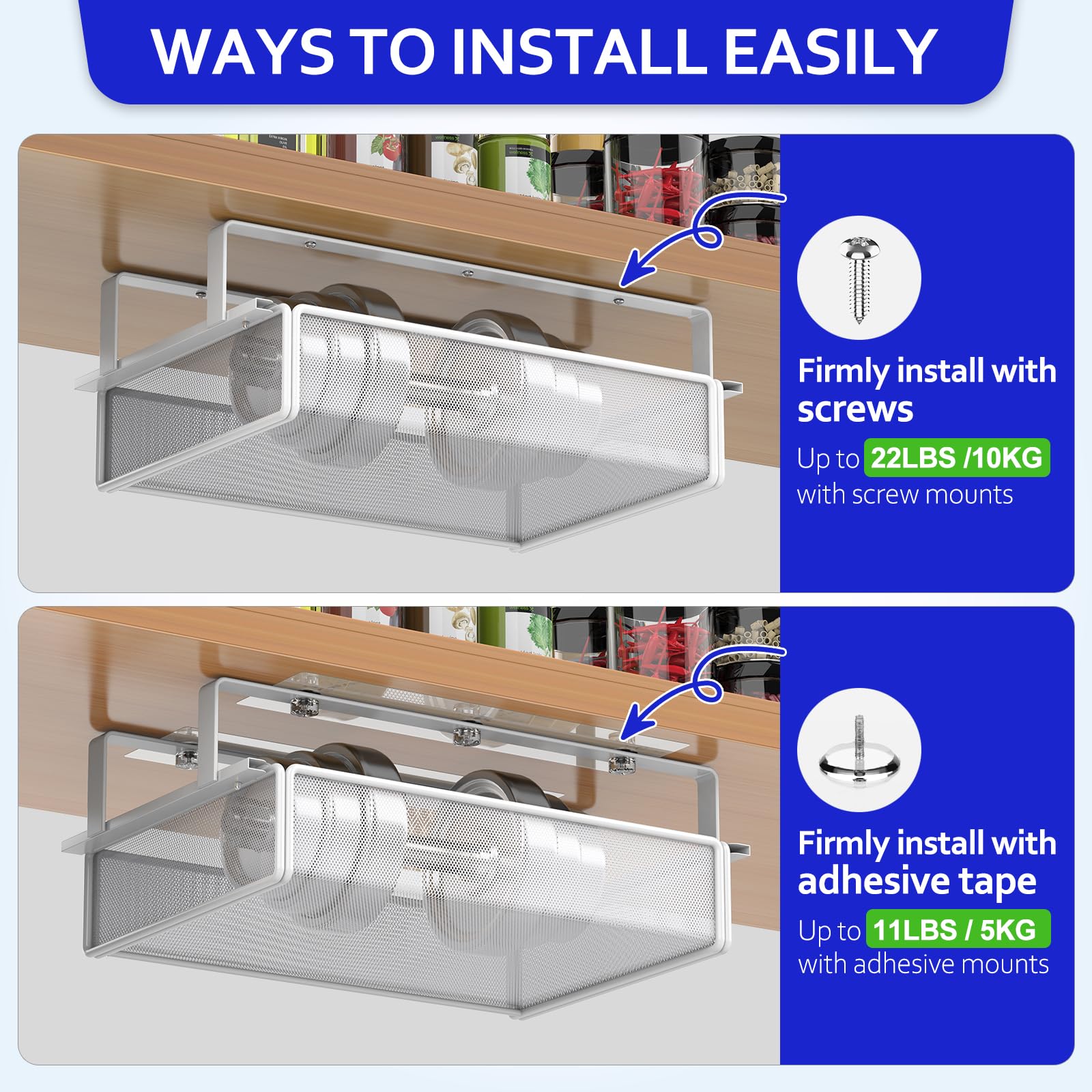 ENONCI Under Shelf Mesh Drawer, No Drilling Under Cabinet Organizer, Sliding Design, Metal Wire Mesh Storage Basket Organizer for Kitchen, Office, Wardrobes, Cupboard Storage, White