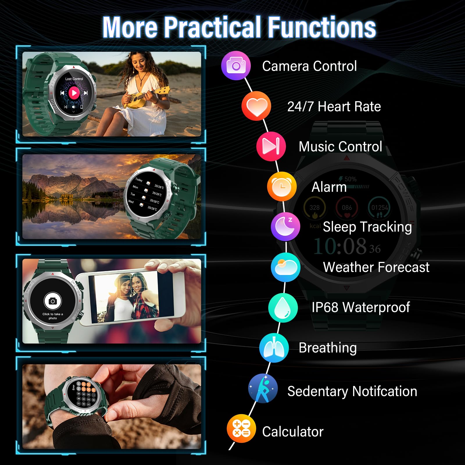 Smartwatch Uomo Militare, 1.39" HD Orologio Smart watch con Chiamate Bluetooth, Tracker Attività con Sonno/Cardiofrequenzimetro, 110+ Modalità Sportive, IP68 Impermeabile per Android iOS, Verde