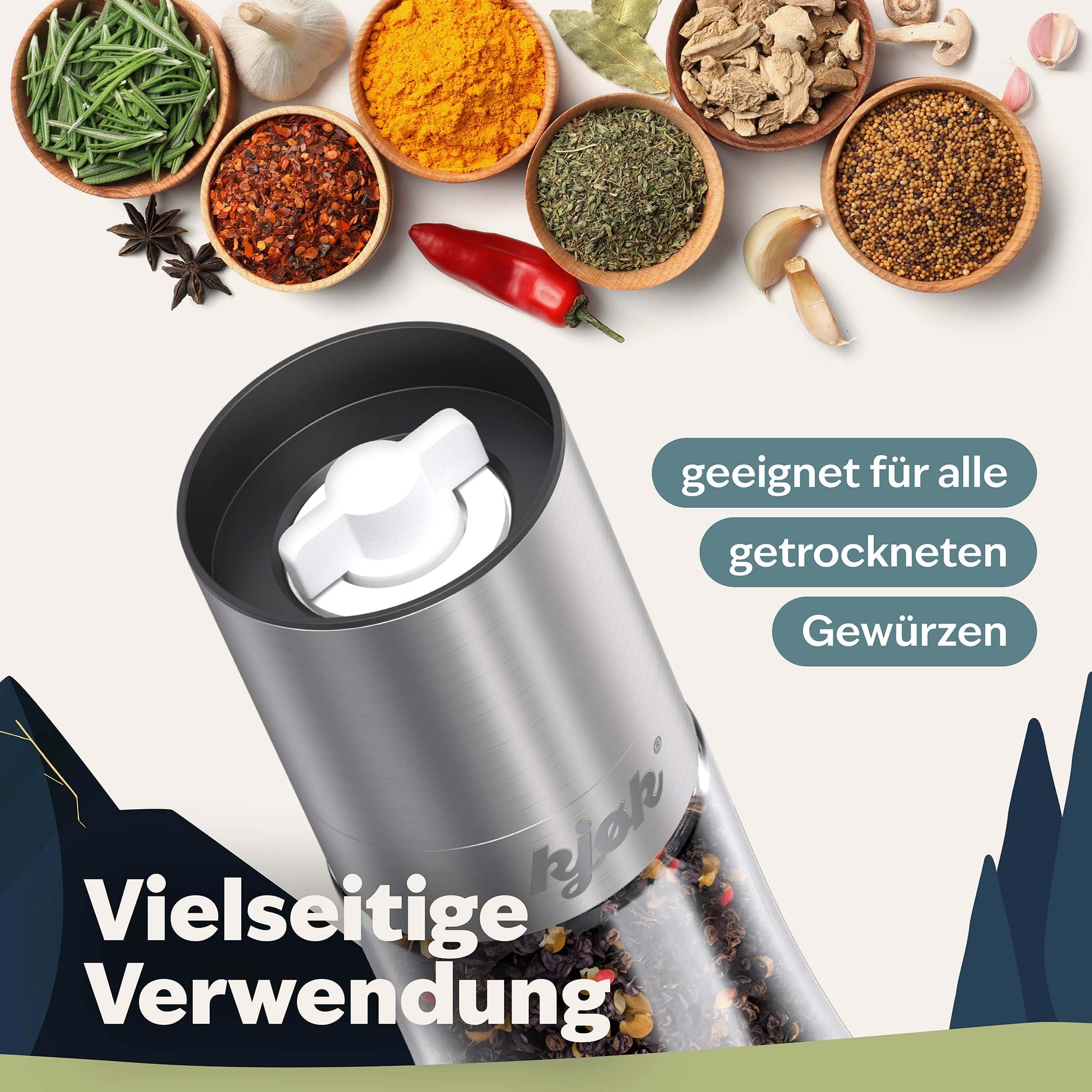 kjøk Salz- und Pfeffermühle 2er Set – Edelstahl gebürstet & Glas, stufenloses Keramikmahlwerk – nachfüllbare Gewürzmühlen mit Aromaschutz – ohne Inhalt