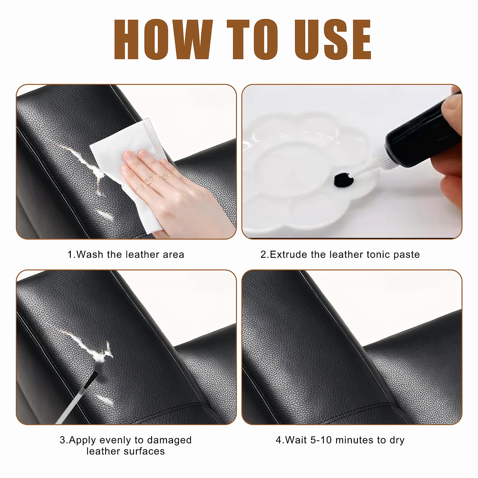 4 Pieza Reparador Cuero Negro 20ml Cuero Liquido, Liquido Reparador Negro para Muebles, Asientos de Coche Sofá Chaqueta Zapatos Cartera Cinturón Abrigos con 8 Accesorios