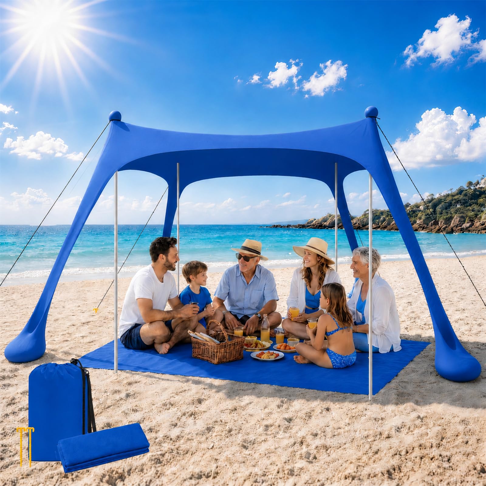 Tienda de Playa UPF50+ con Esterilla, Toldo Solar Antiviento Portátil | Refugio con Anclajes de Arena y Barras de Aluminio, Fácil Montaje para Camping, Playa y Picnic, 10x10FT Azul Oscuro