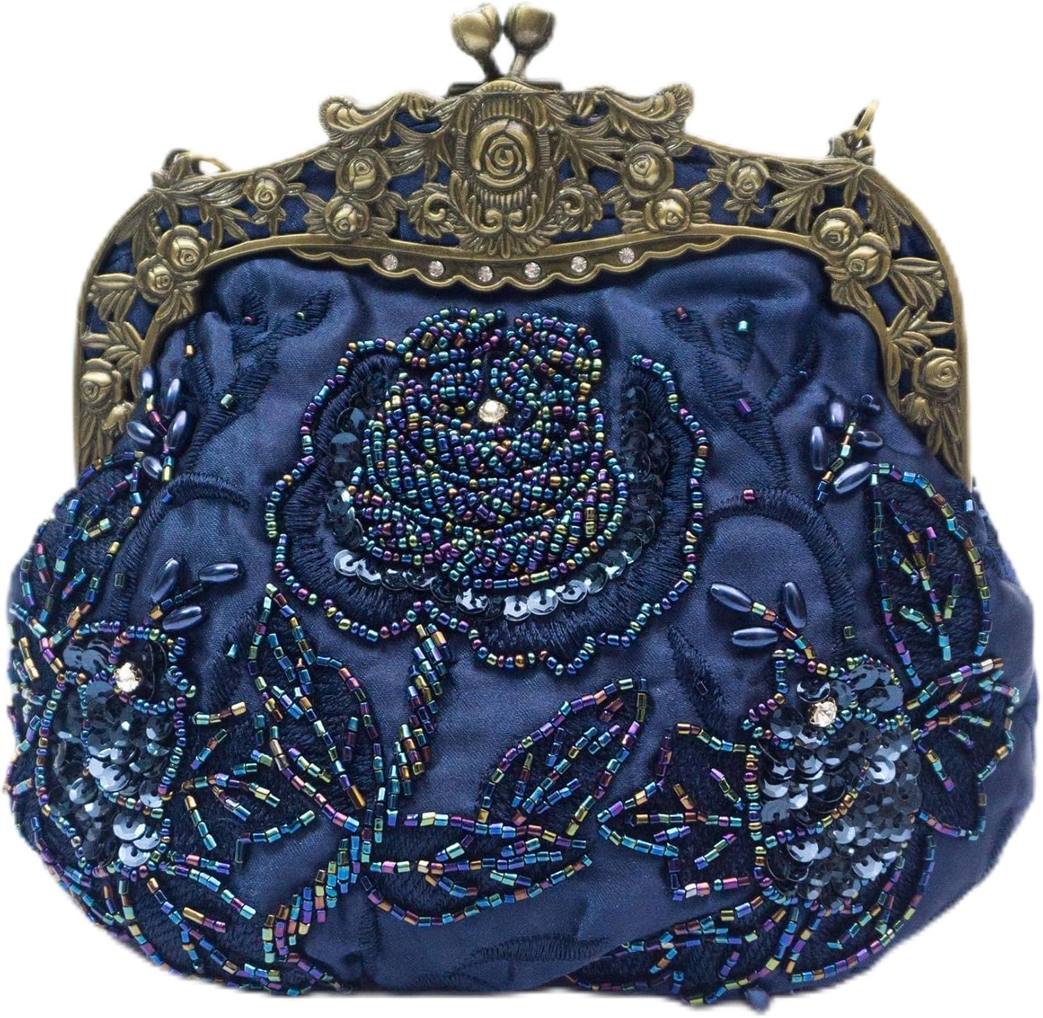 Vintage Beaded Rose Clutch Bag – Handmade Sequin Evening Handbag – Art Deco Kiss Lock Purse for Wedding, Prom, Party