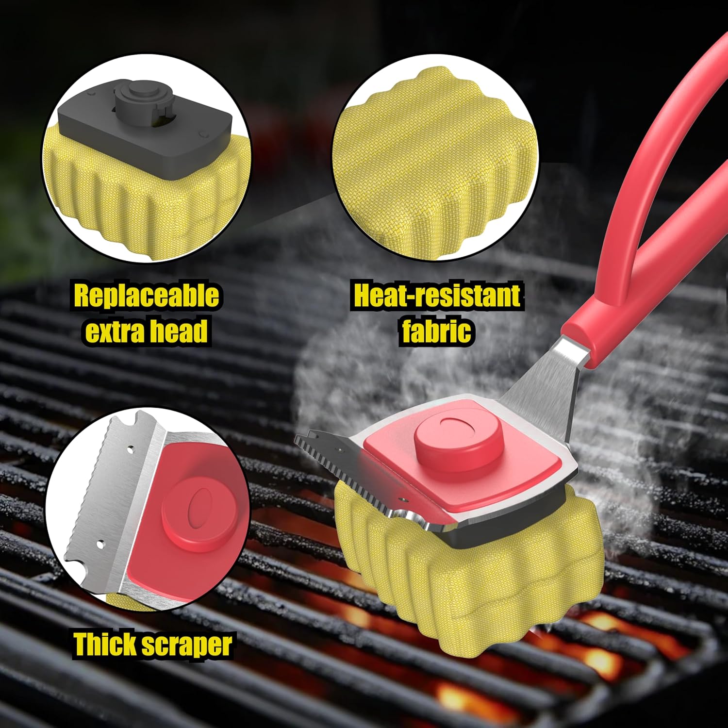 Grill Brush Bristle Free, BBQ Replaceable Cleaning Head with 18" Extended Handle, Unique Seamless-Fit Scraper Tool for Cast Iron/Stainless-Steel Grates, Durable Barbecue Cleaner(Red)