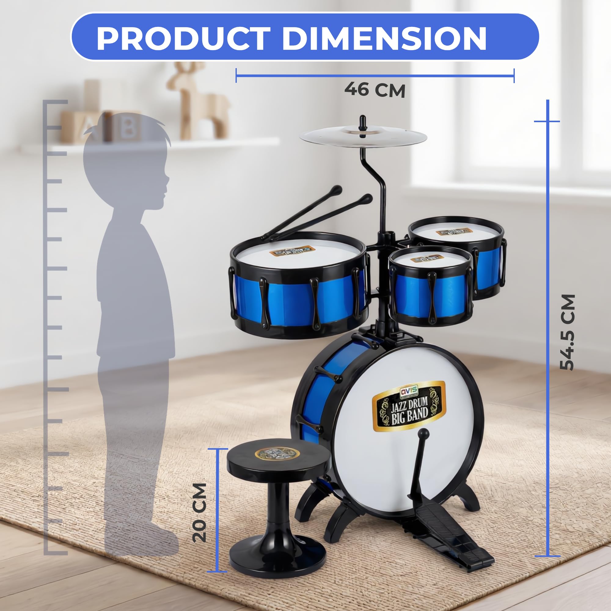 Avis Jazz Drum Big Band Musical Set, 56 cm Height, 4 Drums with Cymbal, Stool and Drumsticks, Drum Set for Kids of Age 4+ Years 4