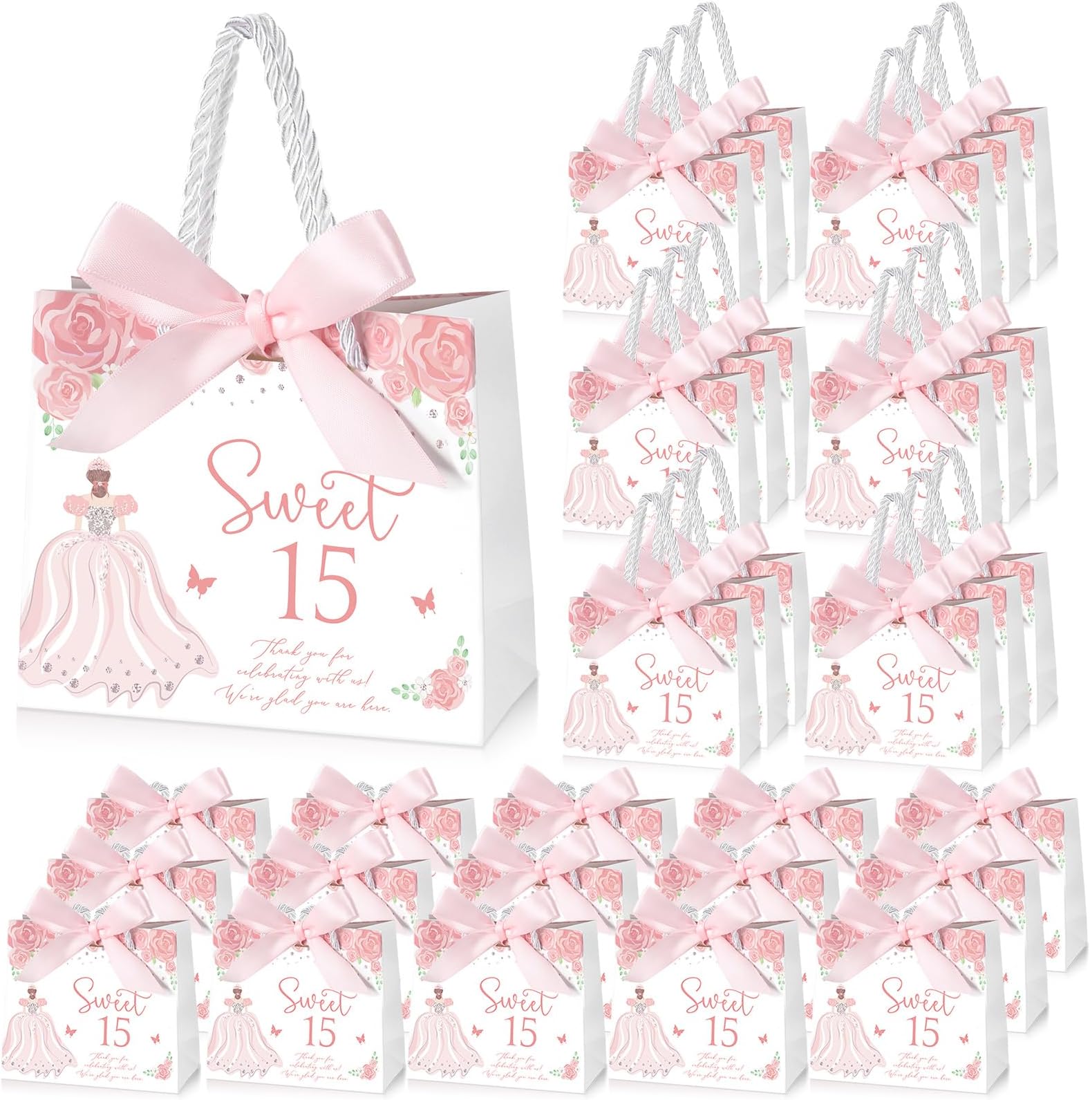 Skyygemm 25 Sets Quinceanera Gift Bag with Handles Quinceanera Party Favors for Guests Small Candy Bag with Bow Ribbon Decoration Sweet 15 Birthday Party Favor (Pink)