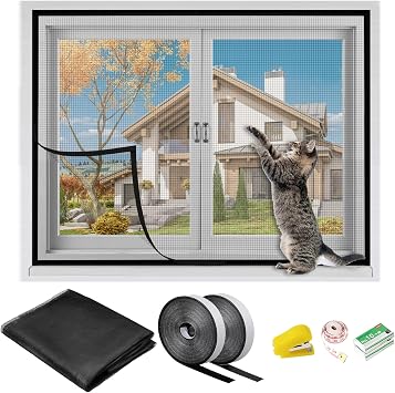 35x55 Inch Window Screen Fibreglass DIY Self-Adhesive, Mesh Curtain Adjusting Netting with Hook and Sticky Tape, Fitted to Multiple Windows for Anti Bugs Mosquito, Anti Pet Scratch 1Pack,Black